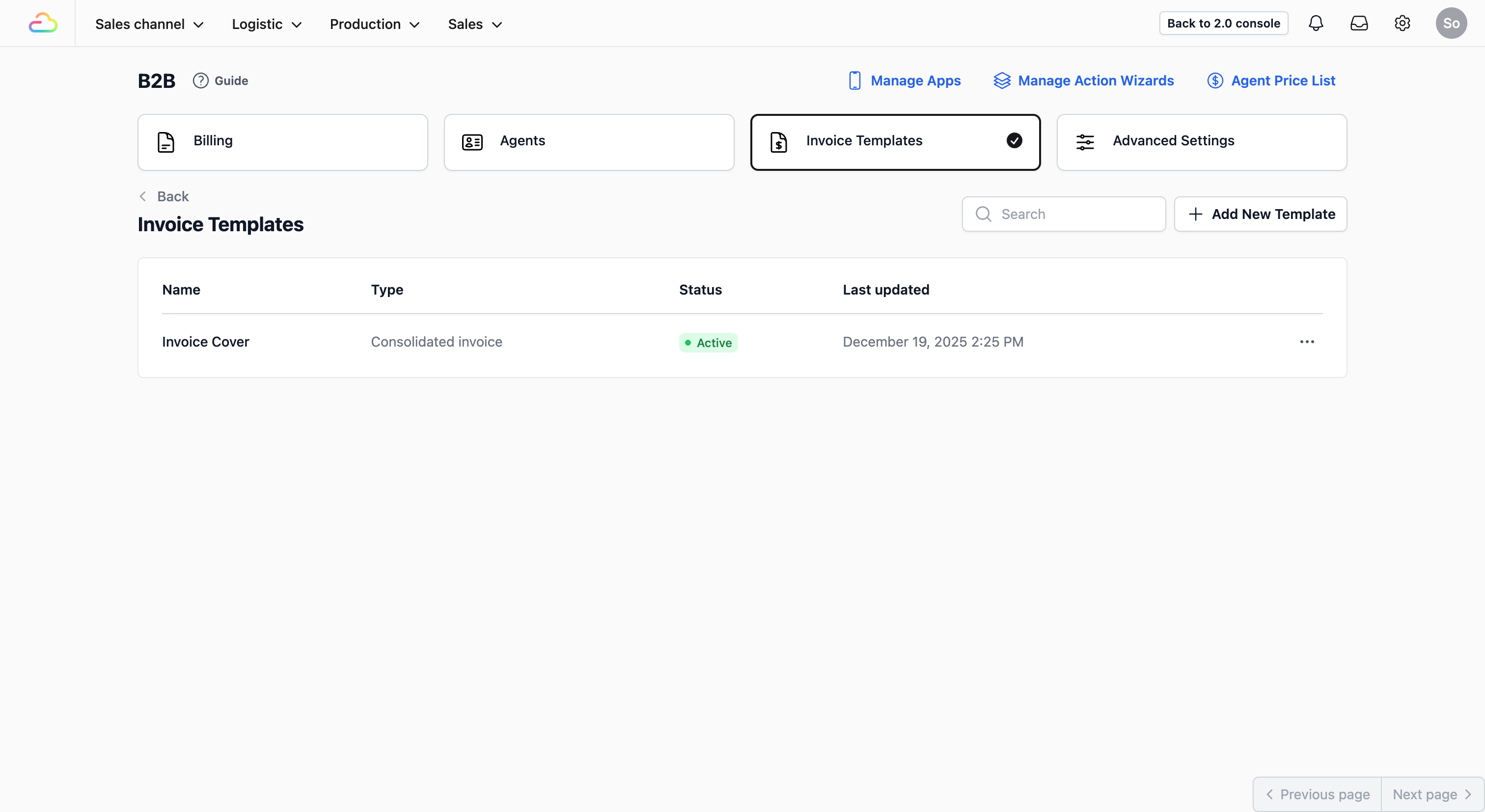 Once the B2B page loads, you will see several options at the top. Click on the Invoice Templates tab. This is where you will manage the invoices you send to your agents at the end of each month.