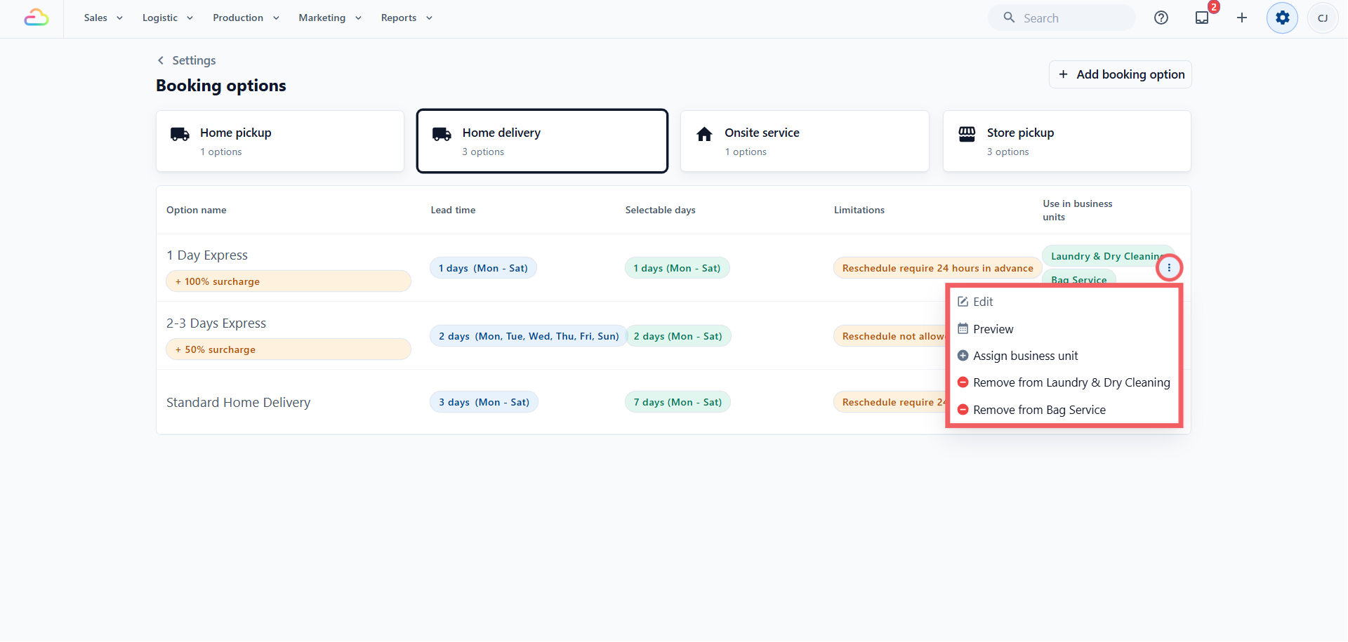 On the main Booking Options page, your options are grouped by type, with each row showing the name, lead time, selectable days, limitations, and the business units it serves, or an Inactive badge if none. The row three-dots  menu on the right offers: