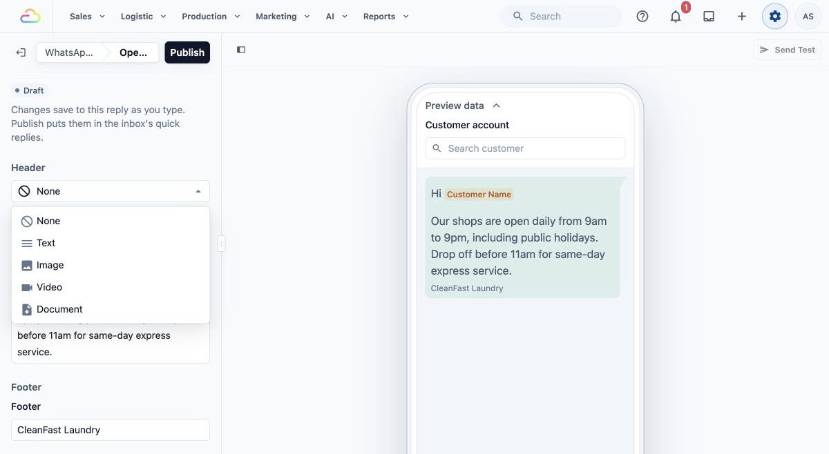Quick Reply Header choices: None, Text, Image, Video and Document