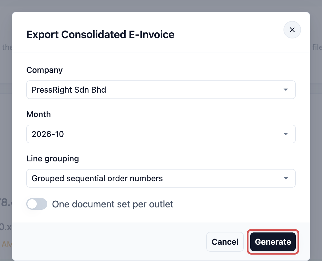 The Export Consolidated E-Invoice window with Company, Month, Line grouping and the Generate button highlighted