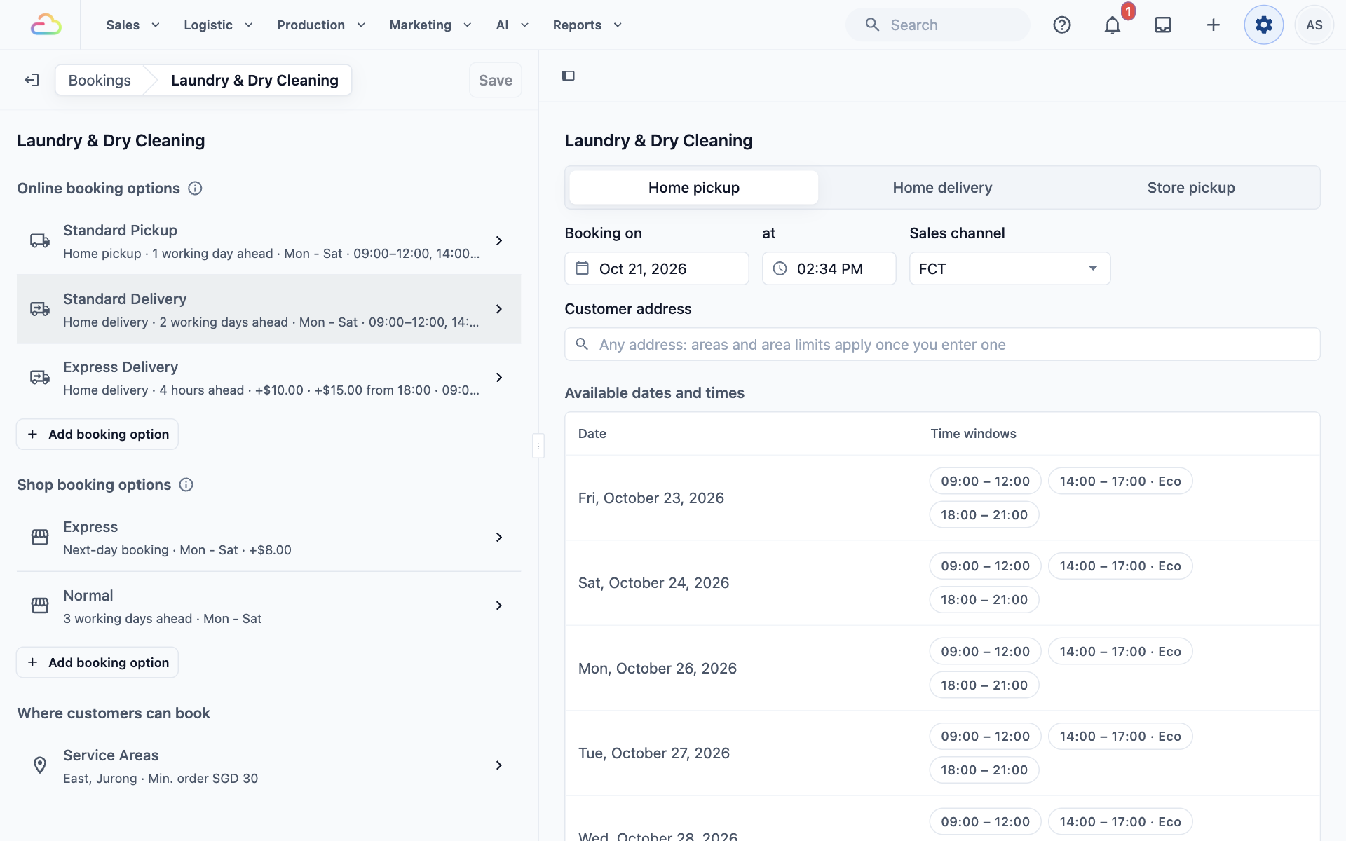 The Laundry & Dry Cleaning page in Bookings, with its online booking options, shop booking options and service areas on the left and the live preview on the right