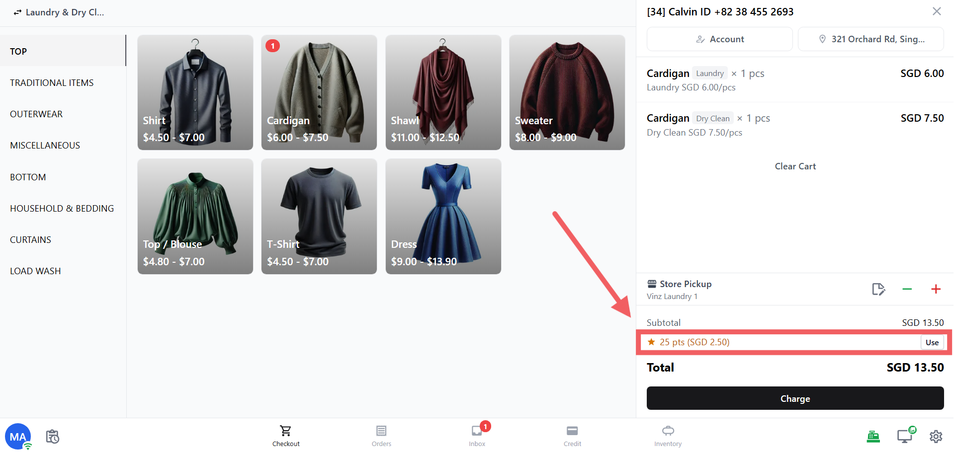 If a customer has points in their balance, a points row appears automatically in the cart during checkout. For example a customer with 25 points worth SGD 2.50 will see a 25 pts (SGD 2.50) line with a Use button next to it.