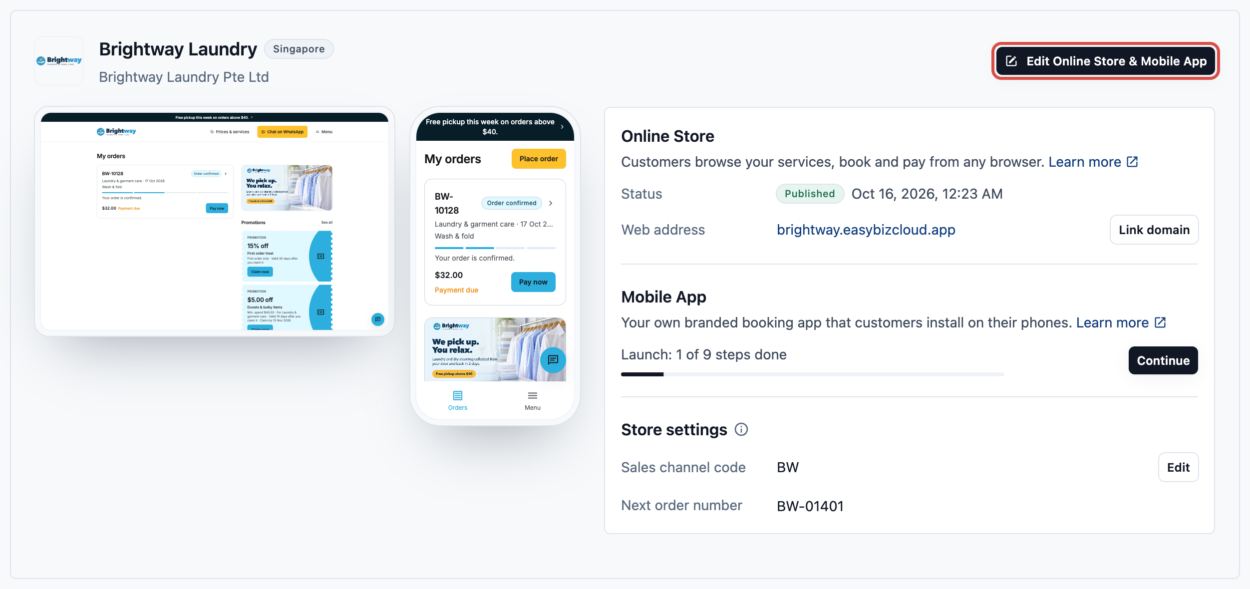 The store card with the Edit Online Store &amp; Mobile App button