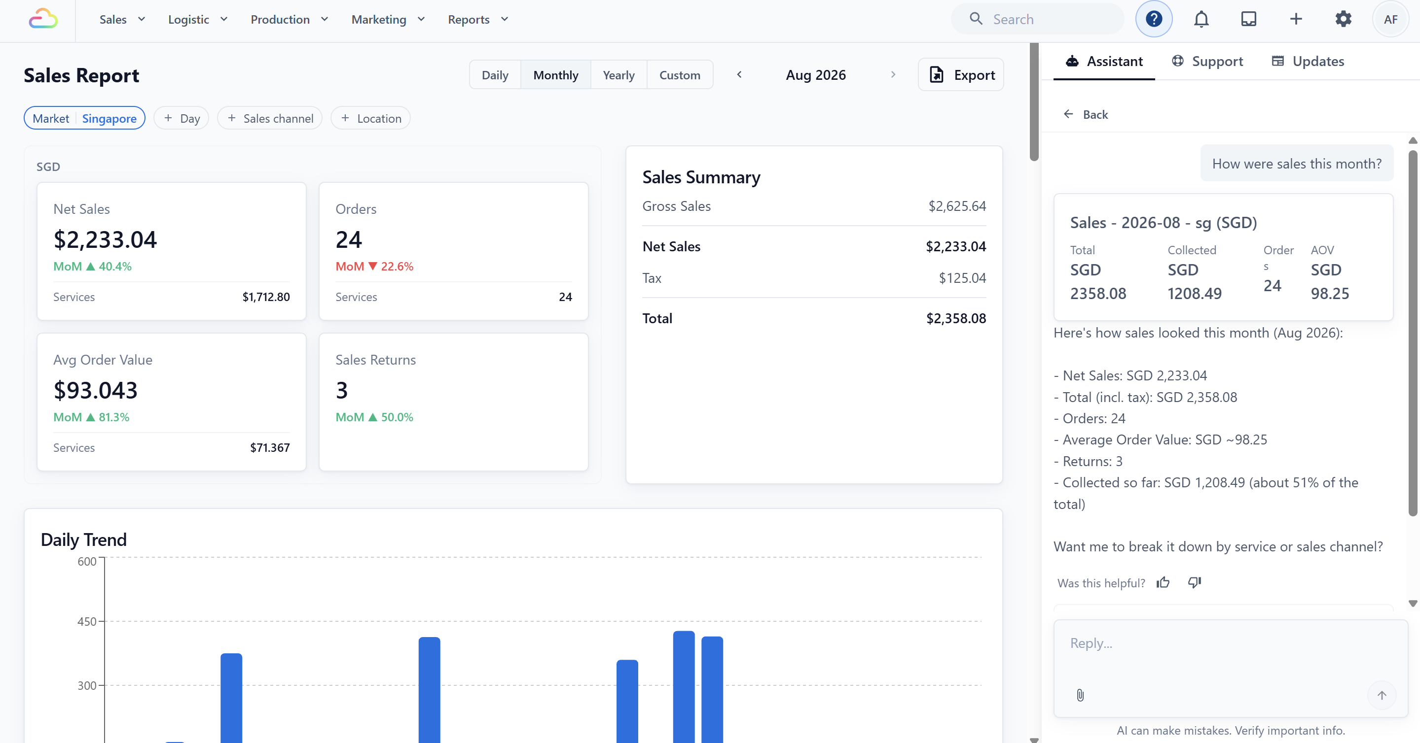 Ask a question in everyday words, and the Assistant gives you an answer based on your latest business data.