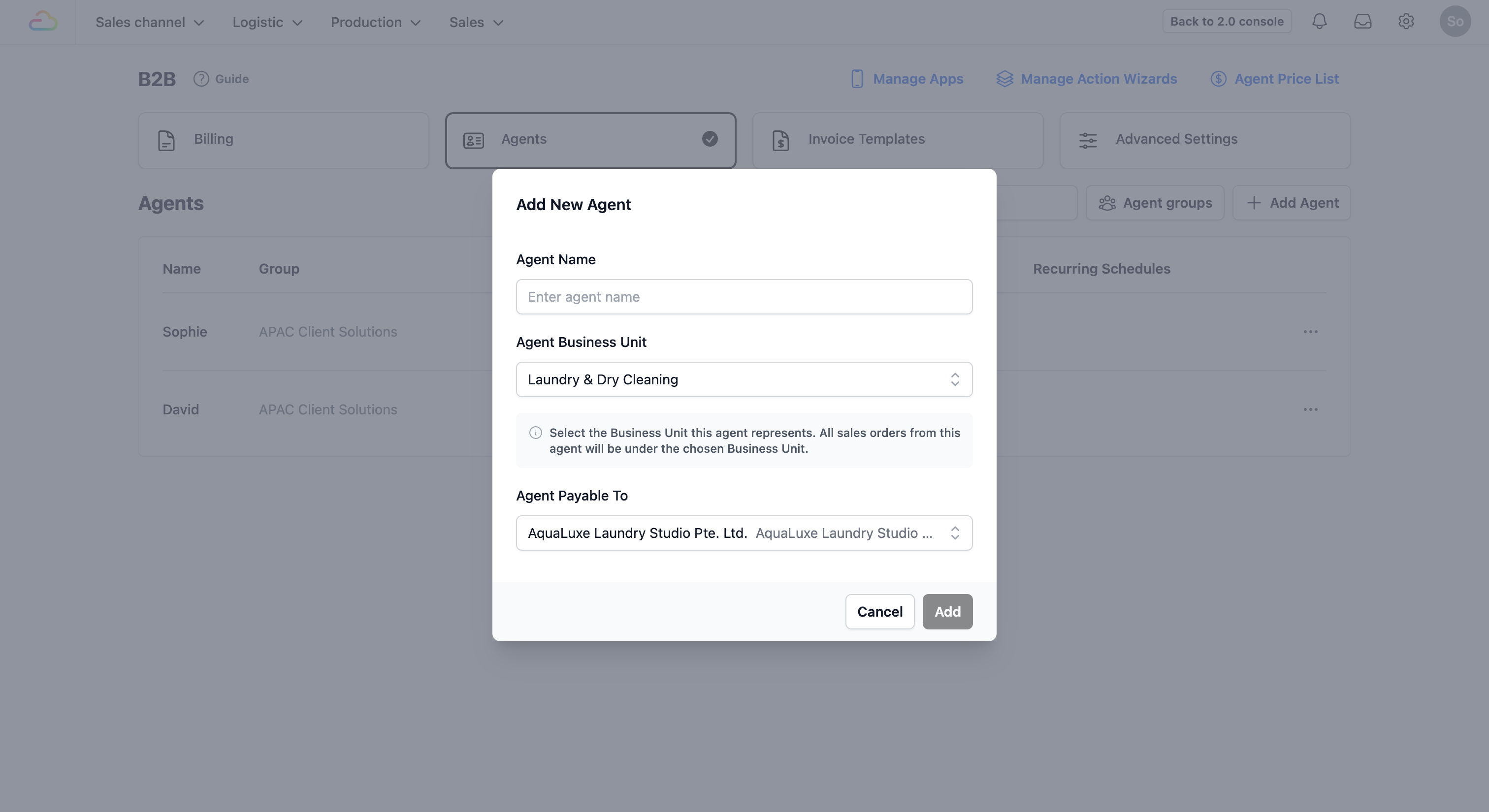Agent Payable To: This defines which business portfolio will bill this agent. If you have multiple portfolios, select the correct one from the dropdown.