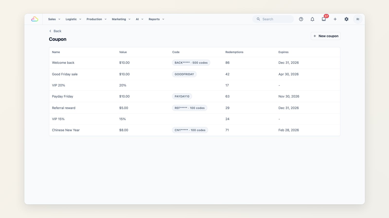 The Coupons list in EasyBiz Console with each coupon's value, code, redemptions and expiry
