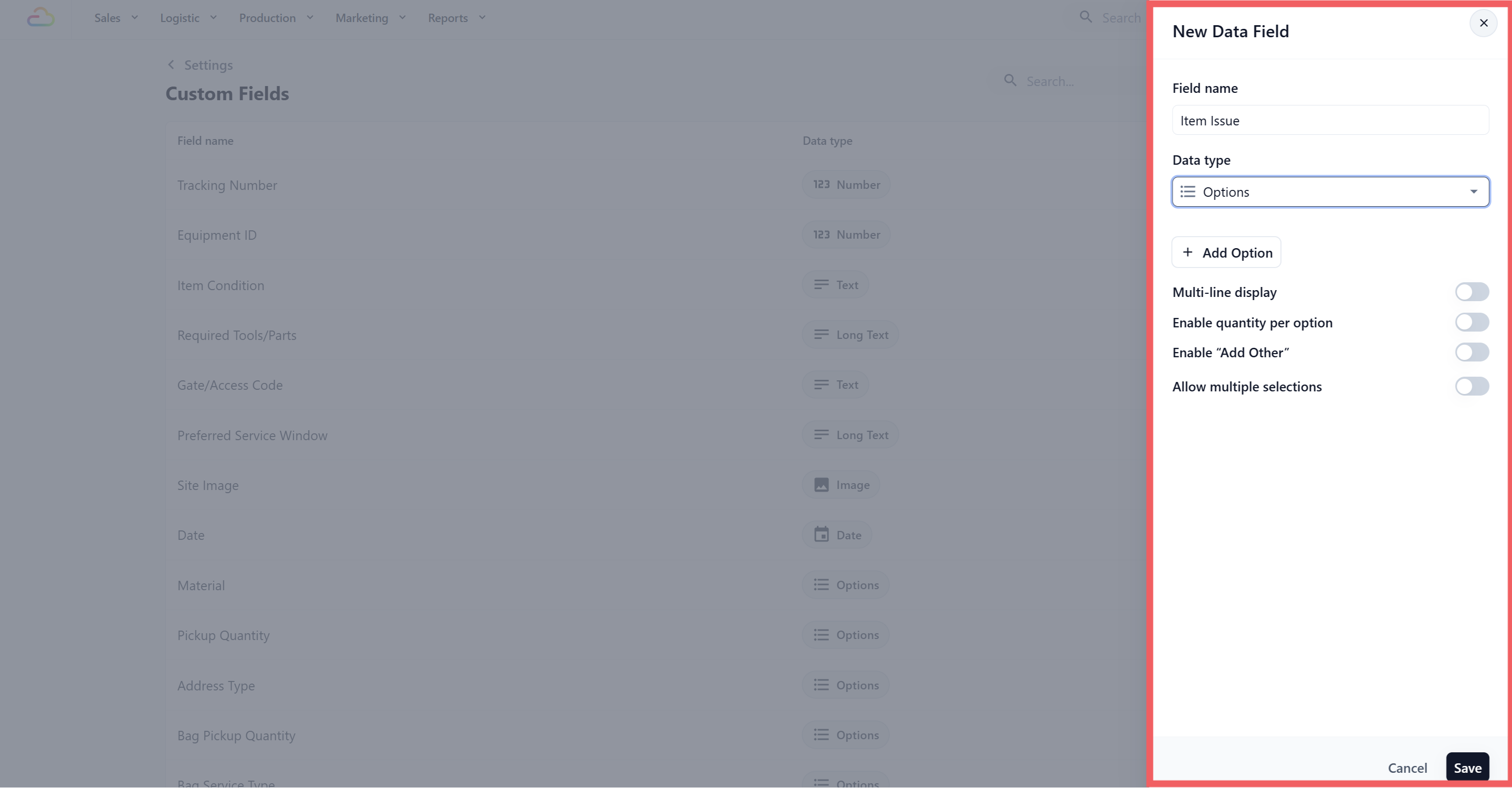 Add options data field