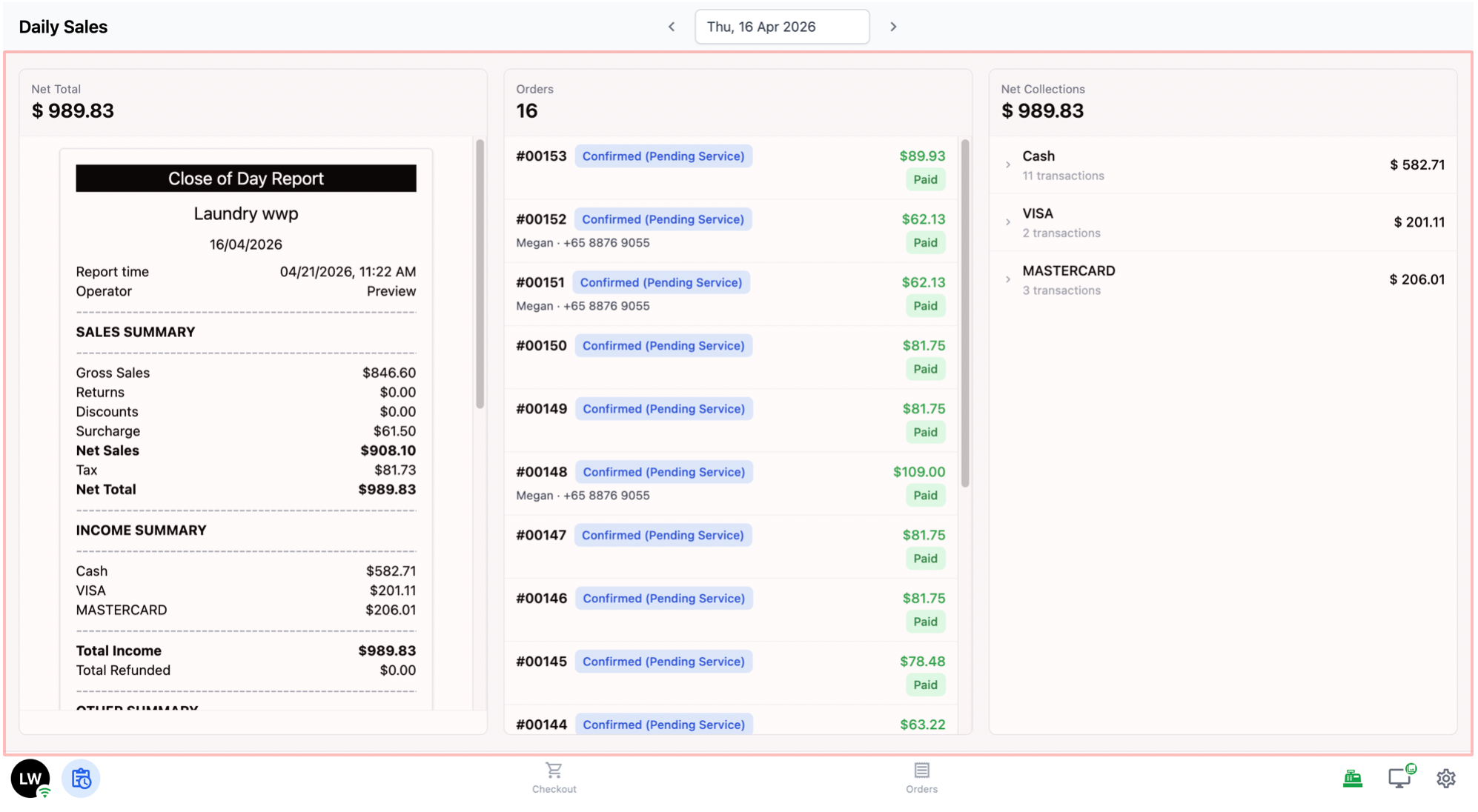 Net Collections (how much was actually collected, broken down by payment method).