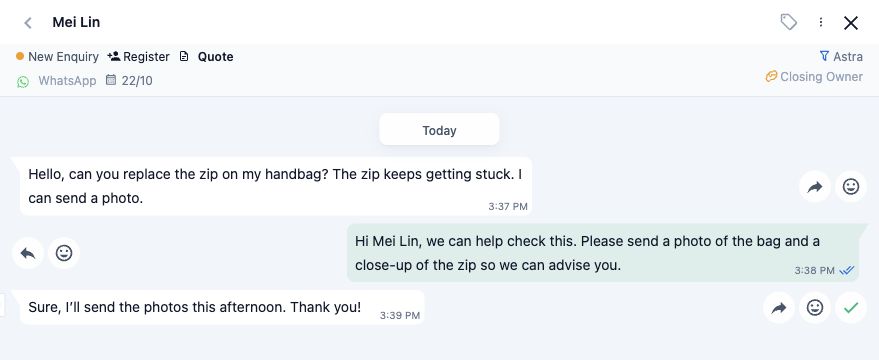 Mei Lin’s bag zip enquiry, the staff reply, and the linked New Enquiry deal in the conversation.