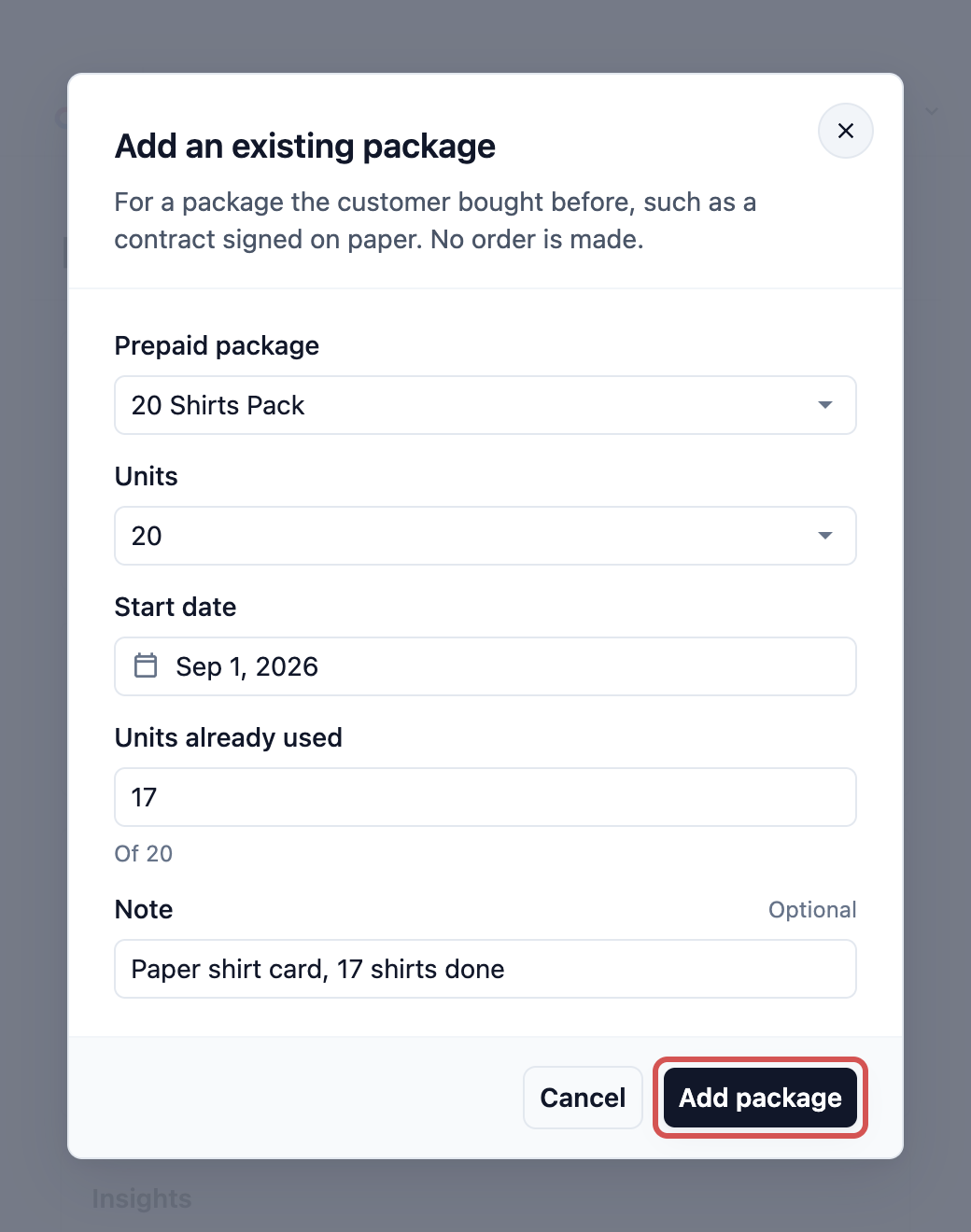 The Add an existing package form for Farah Ismail: 20 Shirts Pack, 20 units, Start date 1 Sep 2026, Units already used 17, Note Paper shirt card, 17 shirts done, with Add package marked