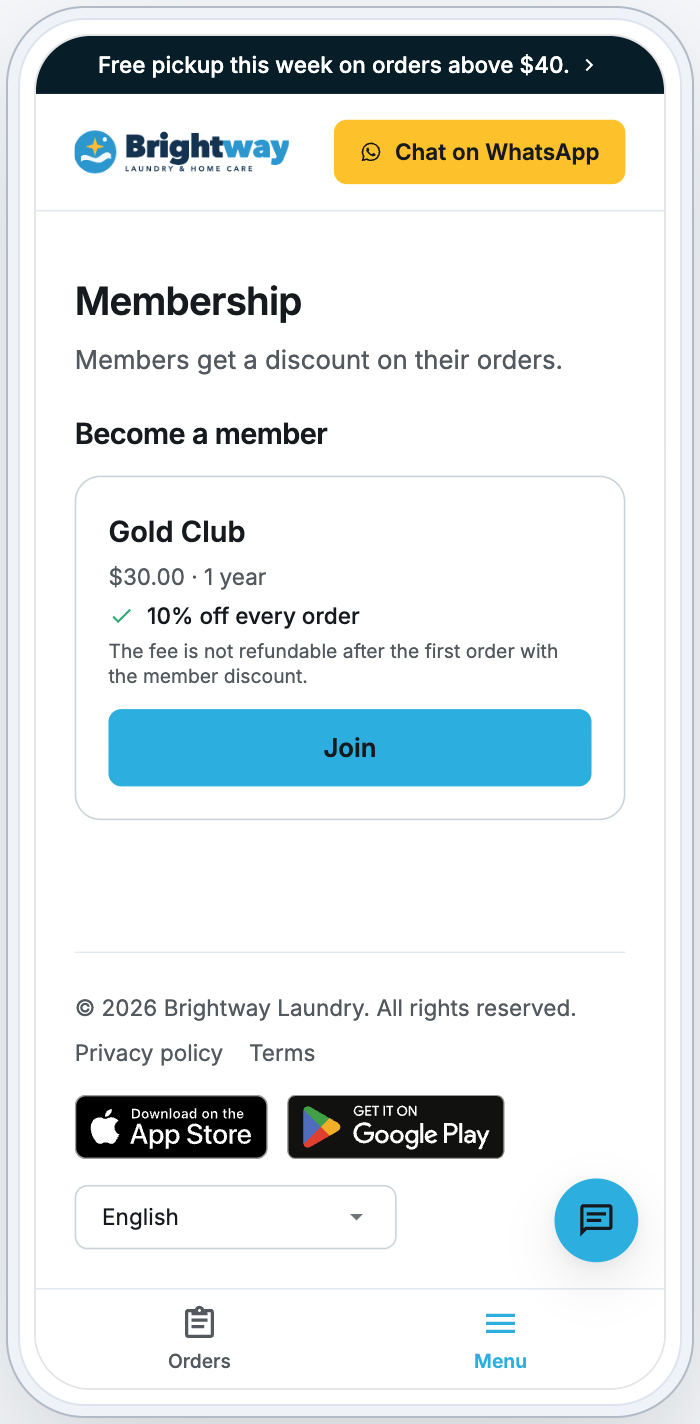 The Membership page on a phone, with the Gold plan under Become a member and the Join button
