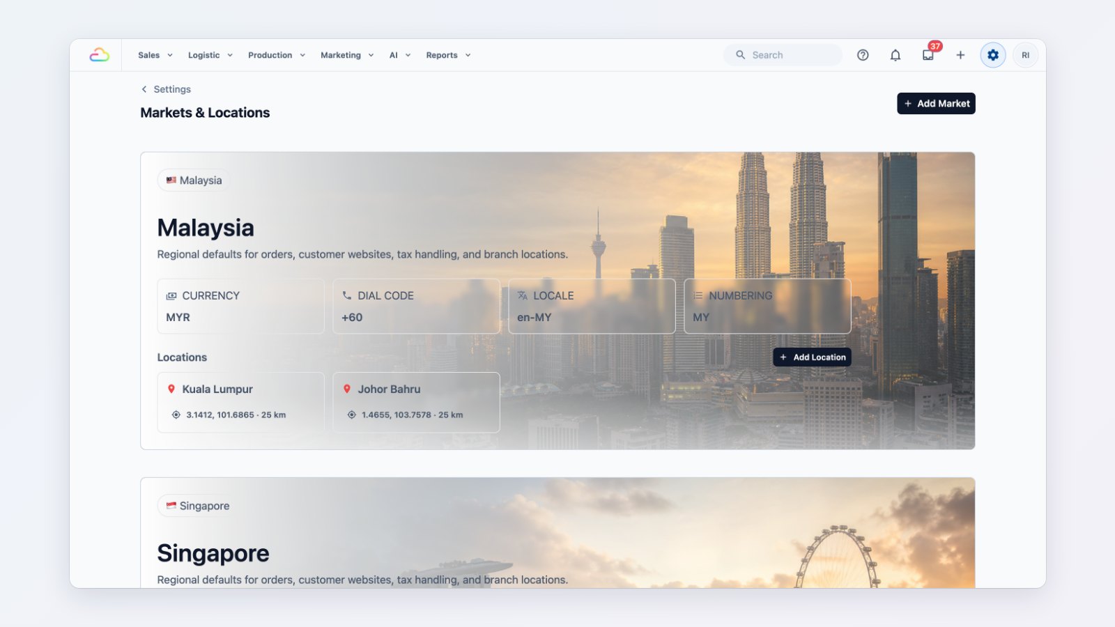 Markets & Locations in EasyBiz Console with a Singapore and a Malaysia market and their locations