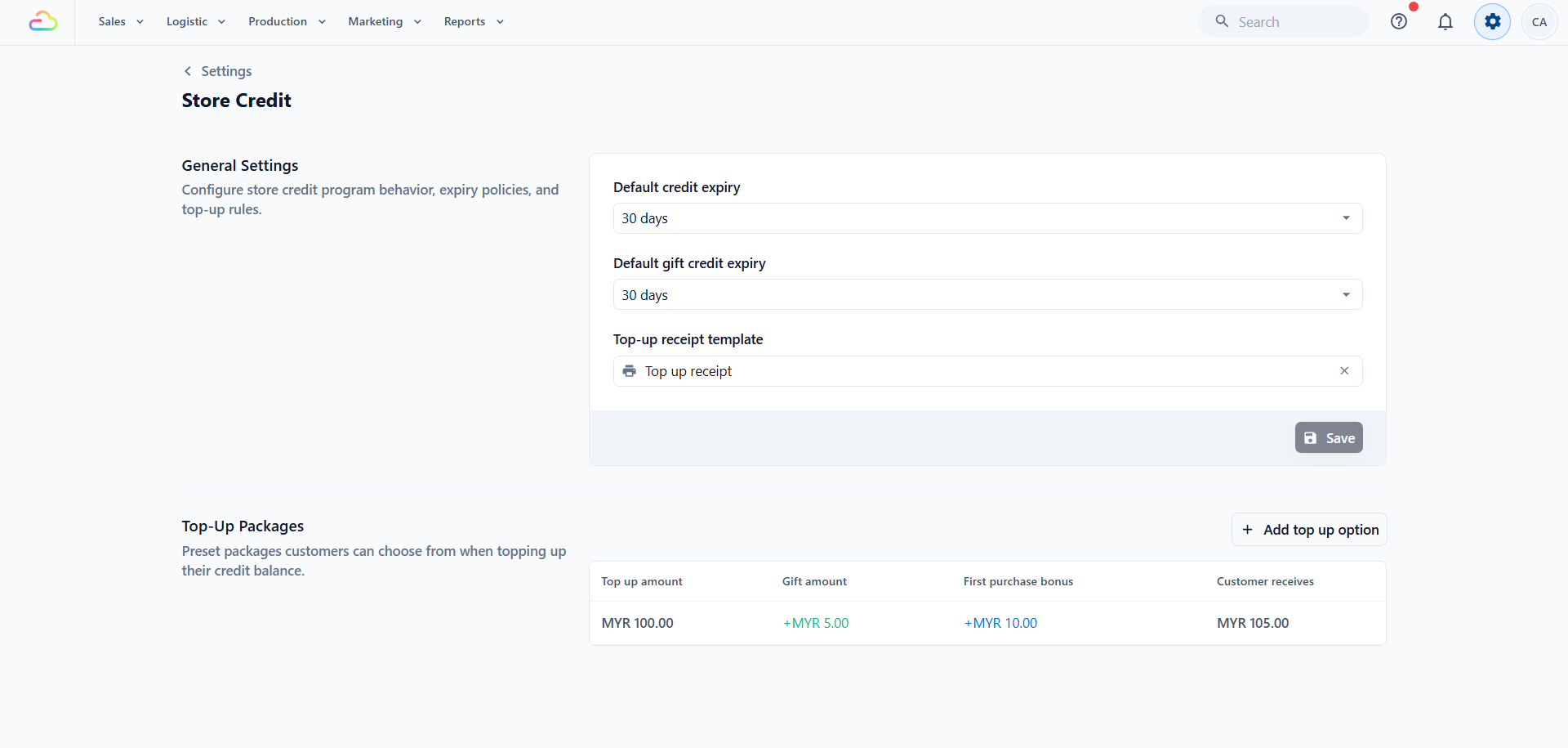 This section shows the general settings of default expiry with top-up receipt template selector