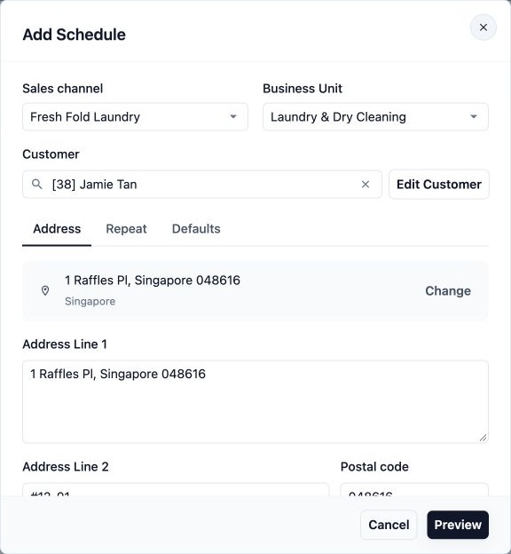 Fresh Fold Laundry sales channel, Laundry &amp; Dry Cleaning business unit, and Jamie Tan selected in Add Schedule.