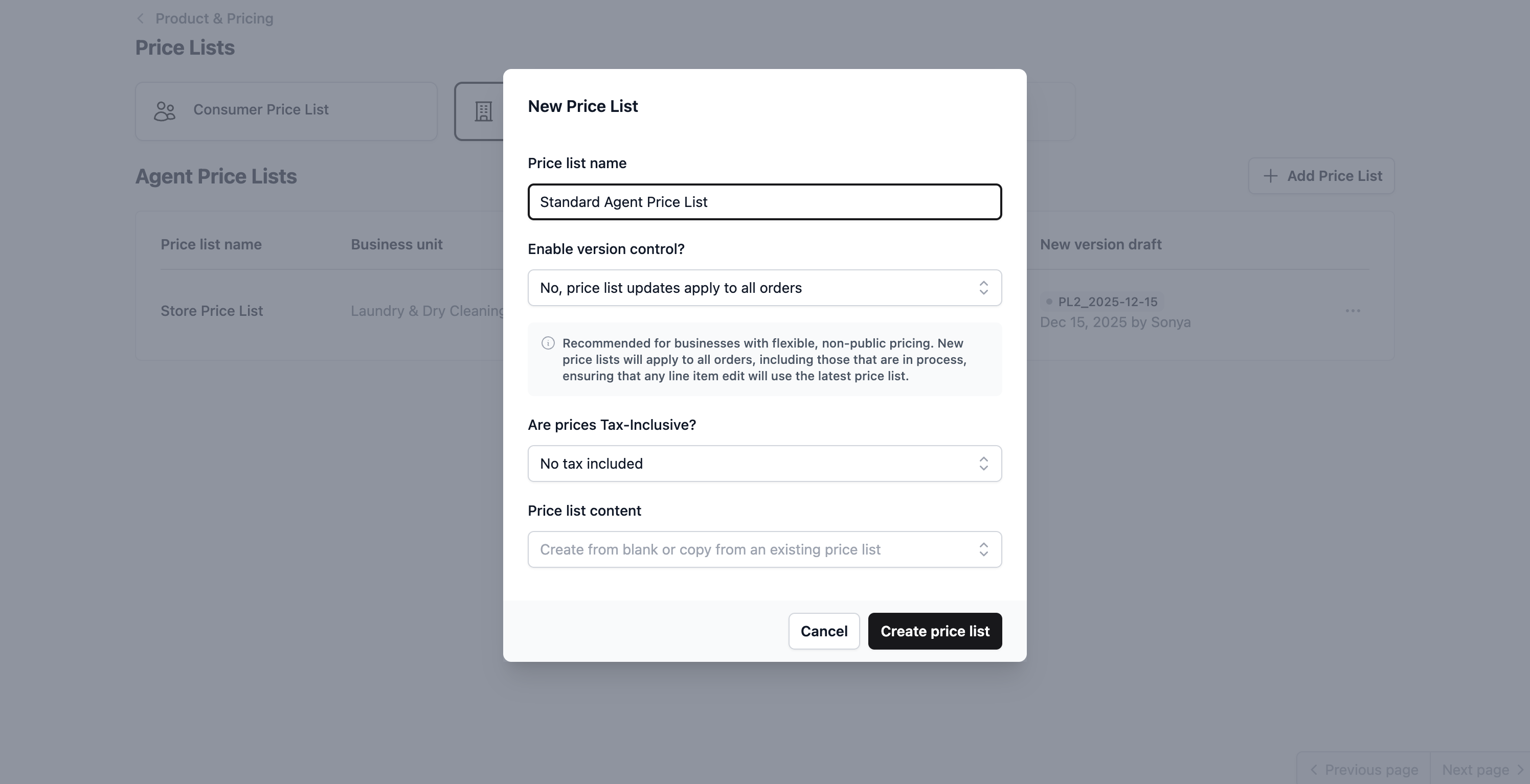 Create price list: Click the Create price list button. This will open up the editor where you are able to add your service items/products.