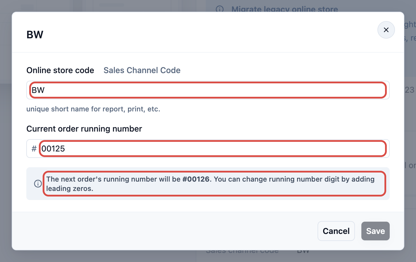 The store settings window with the Online store code and the Current order running number