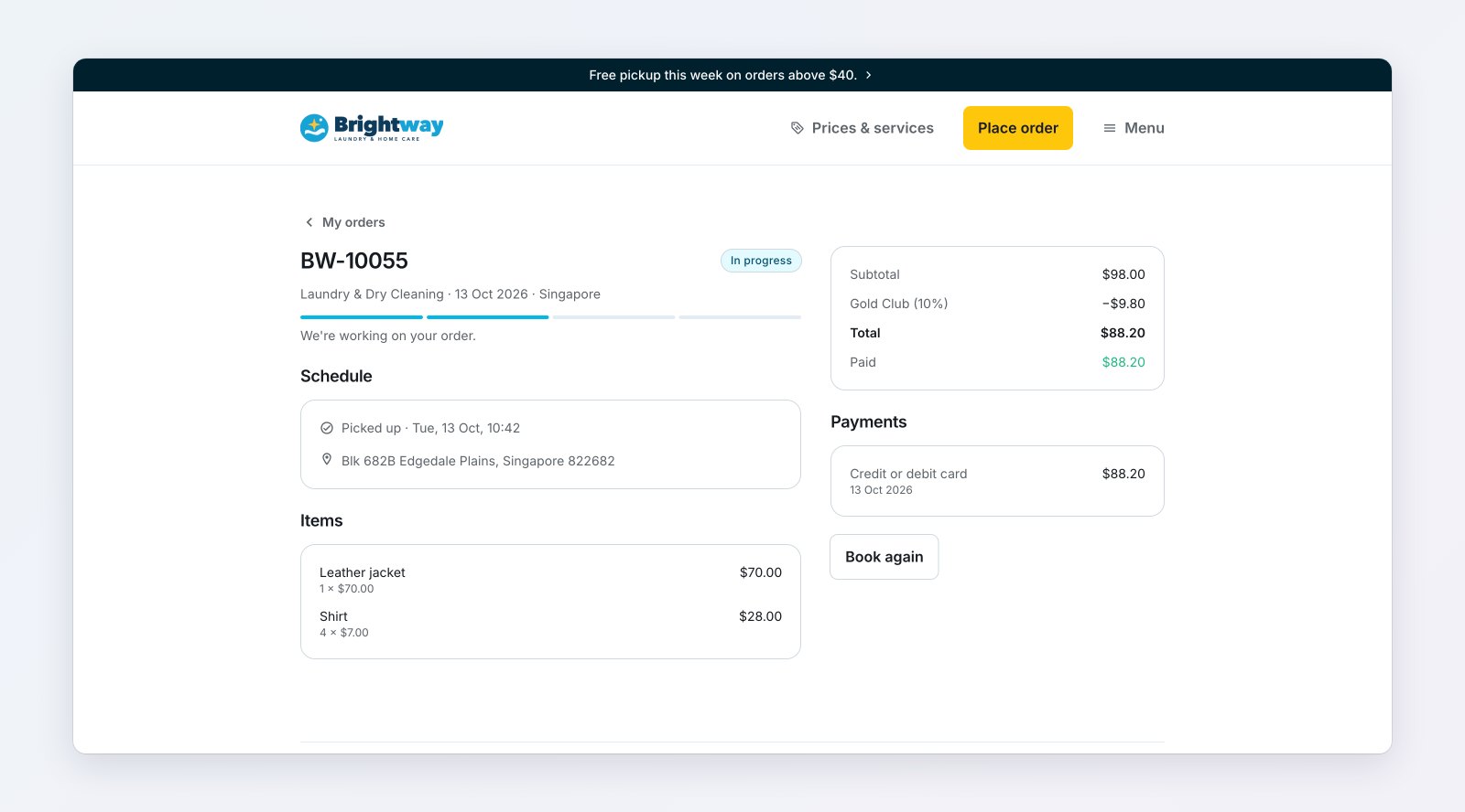 An order page with its progress, pickup time and address, items, member discount, total and card payment