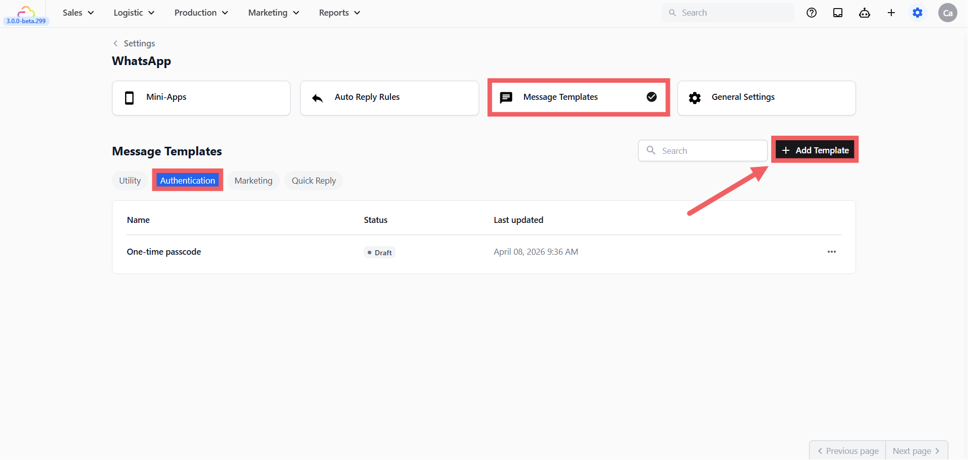 Click the Authentication tab → click + Add Template