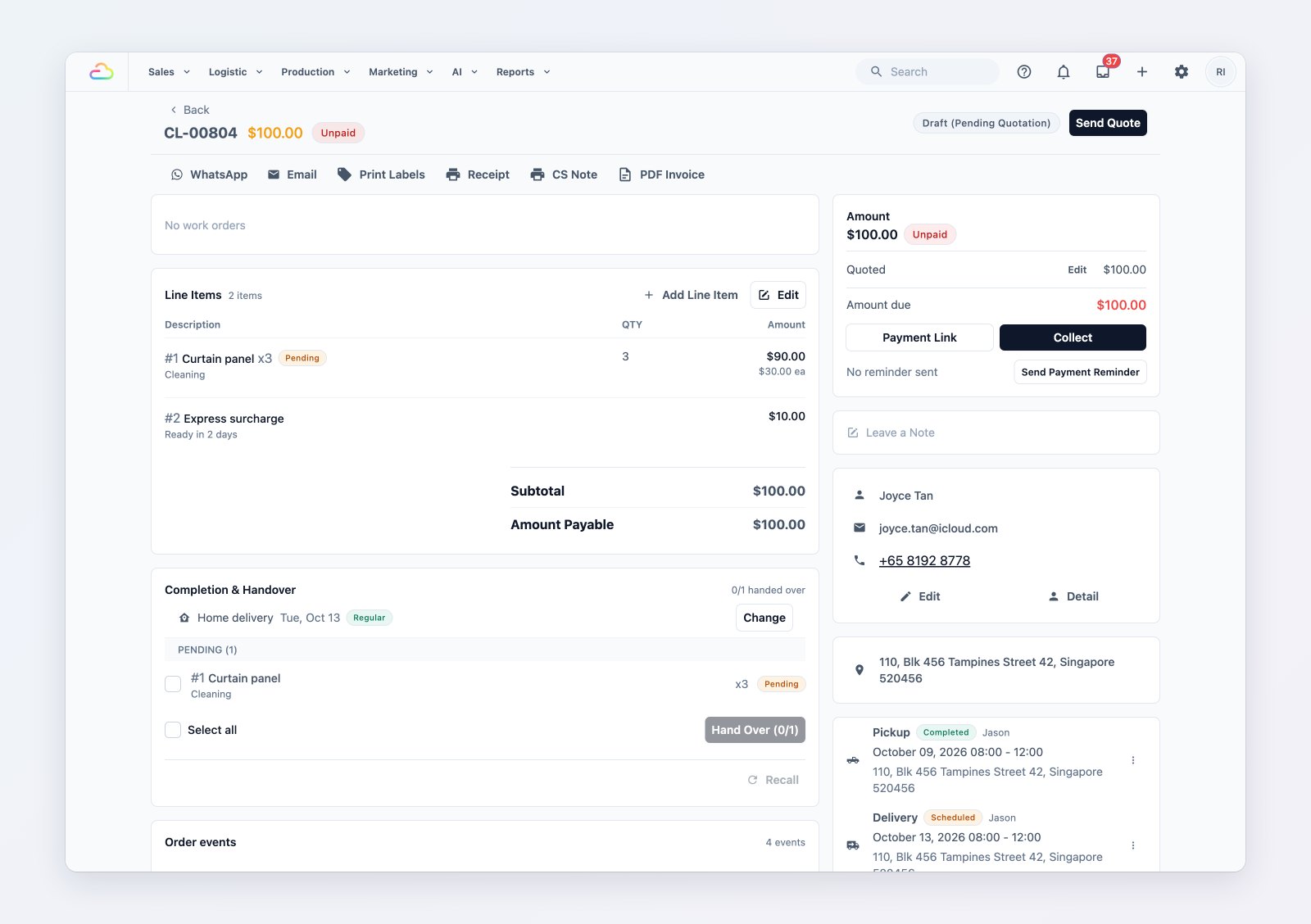 An order page with line items, the amount due, the Collect button, customer details and the pickup job