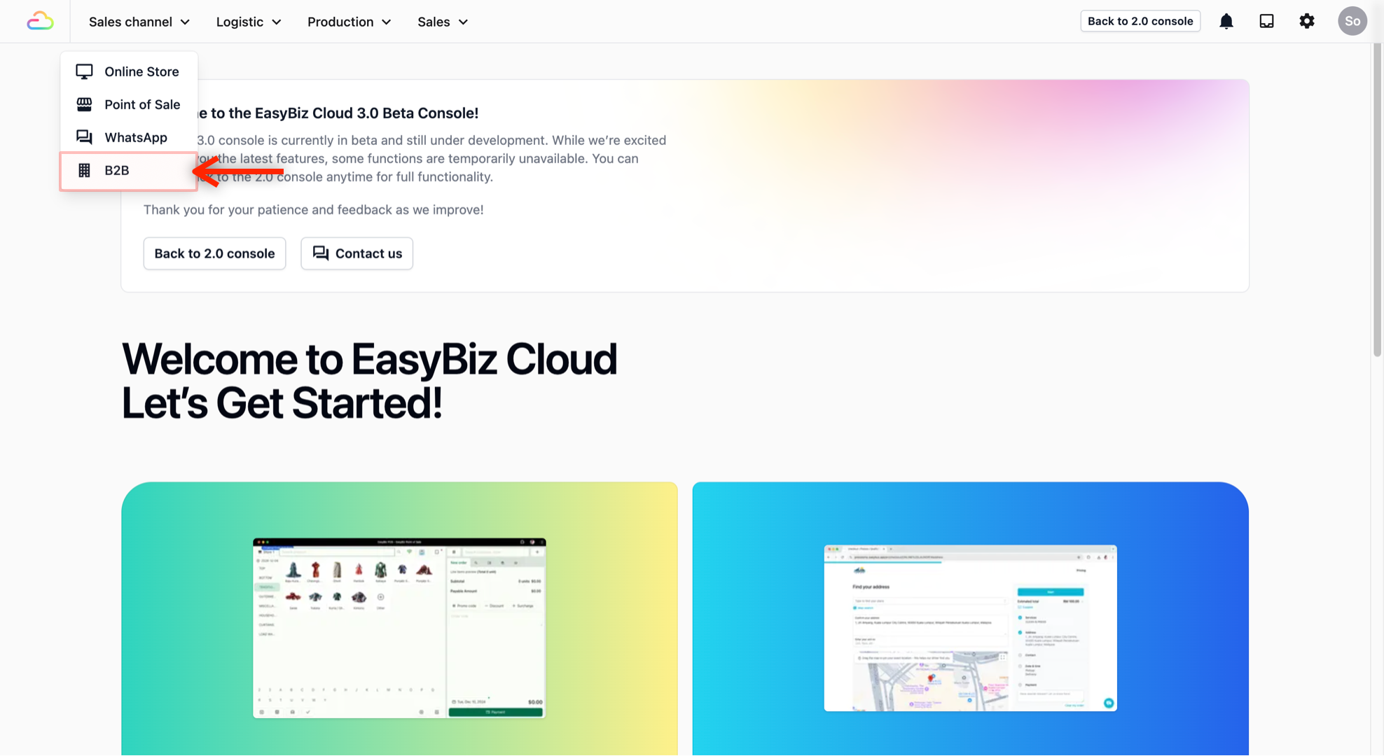 Click on Sales channel from the top navigation bar and select B2B from the menu.