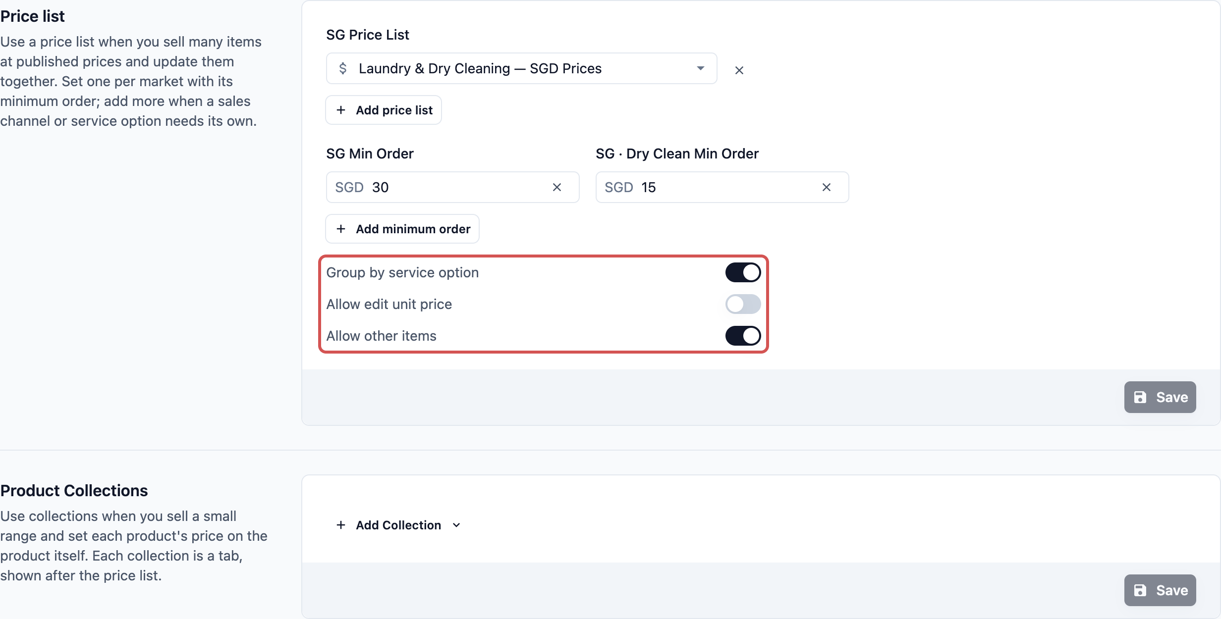The 3 switches below the minimum orders, with Allow other items switched on