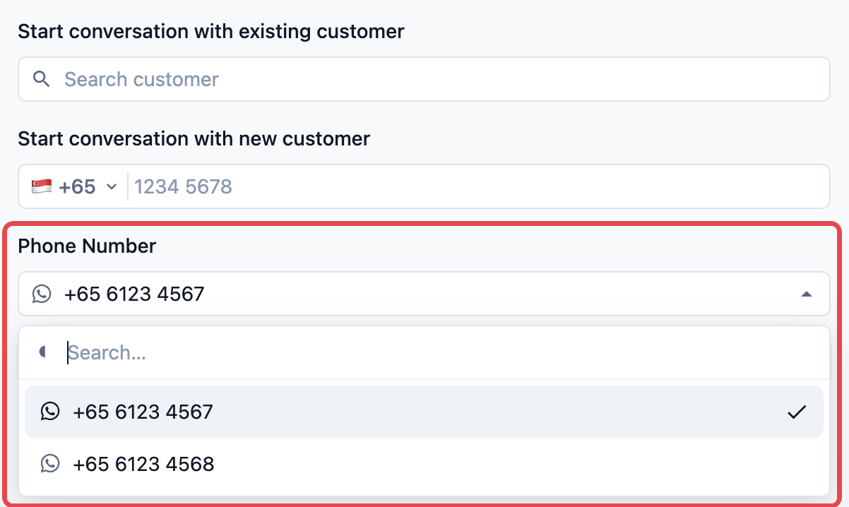 The new conversation panel with the Phone Number list open, showing both business numbers
