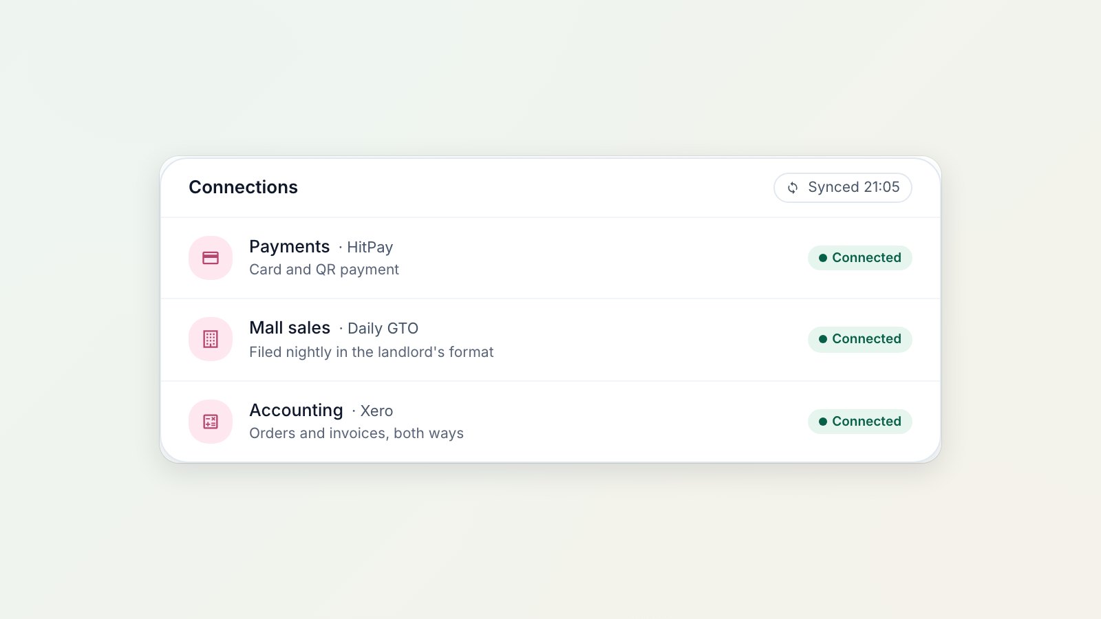 Connections in EasyBiz showing HitPay connected for card and QR payments