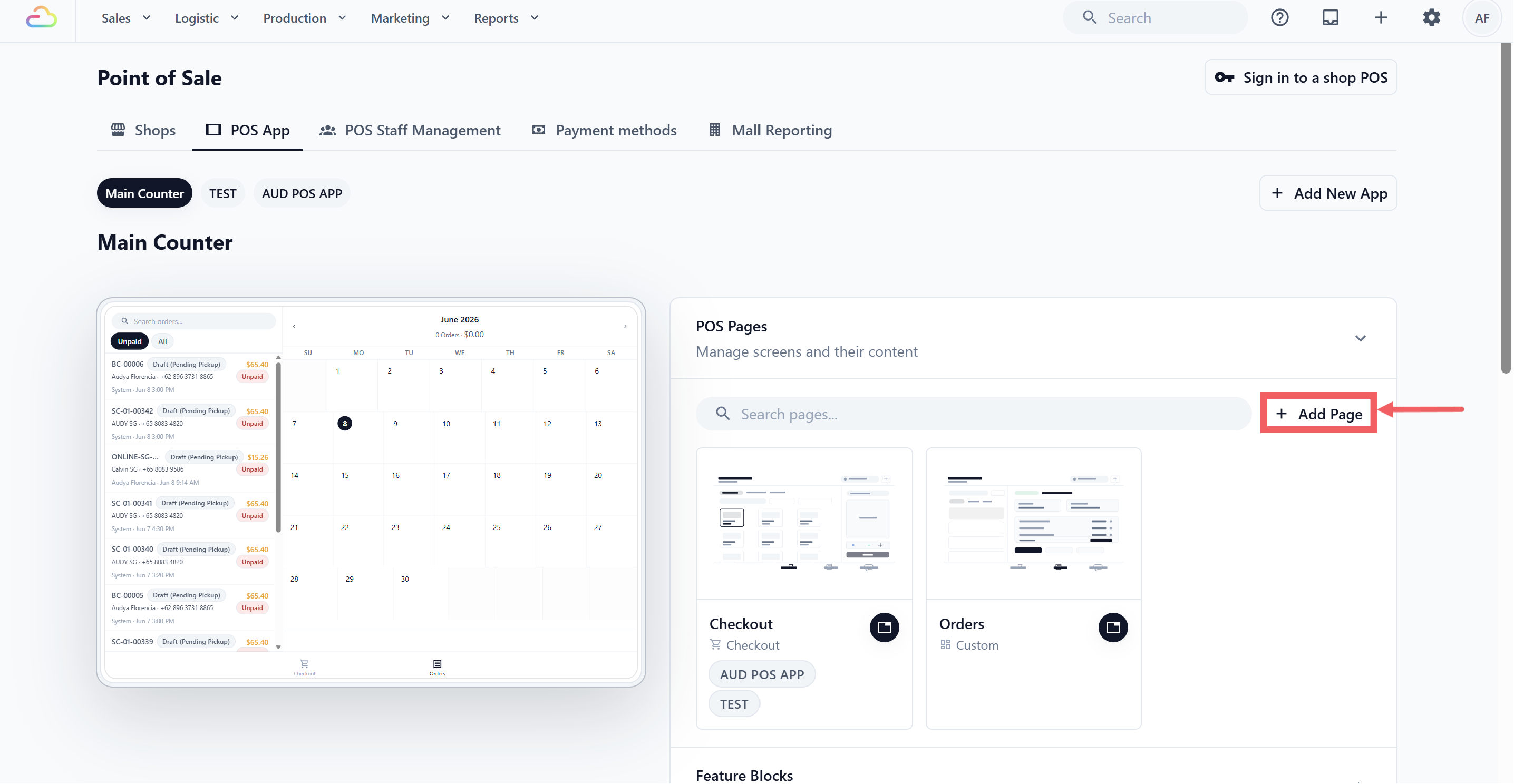In the right-hand panel, click POS Pages to expand the section.