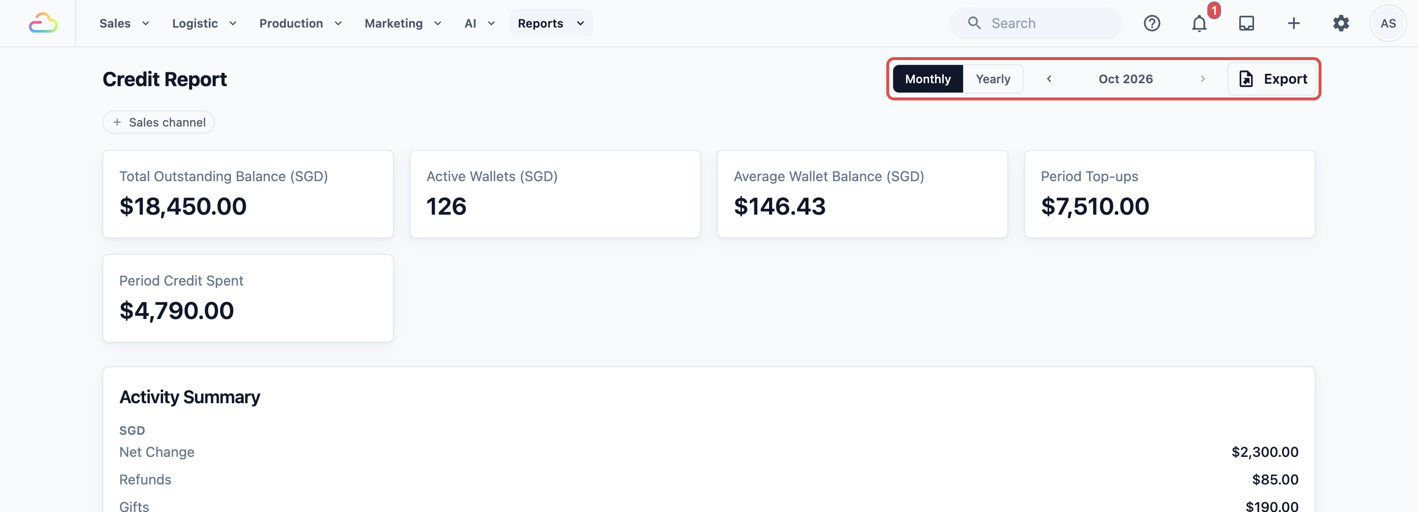 The Credit Report with the Monthly and Yearly buttons, month picker and Export button highlighted
