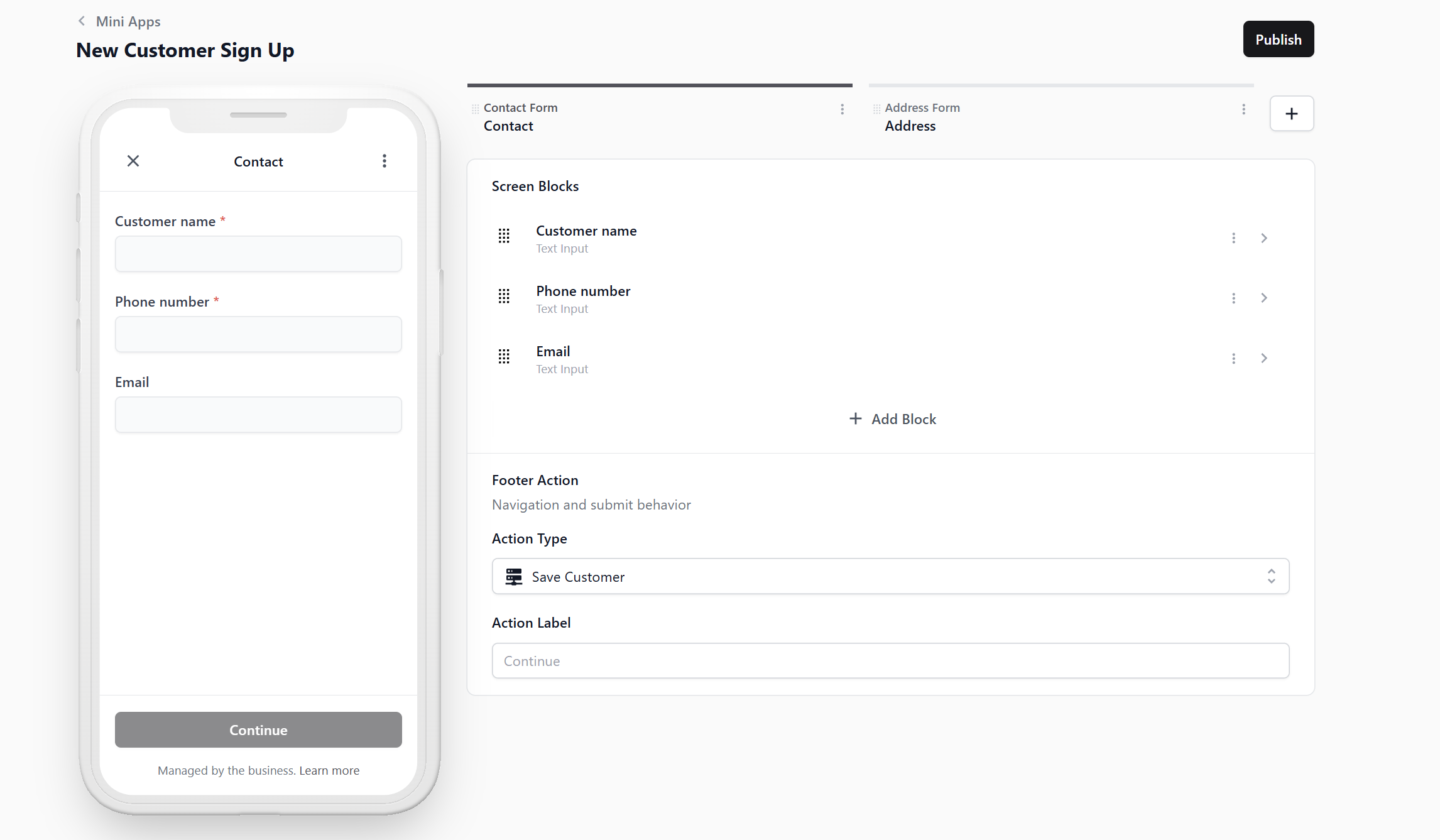 Footer Action set to Save Customer.