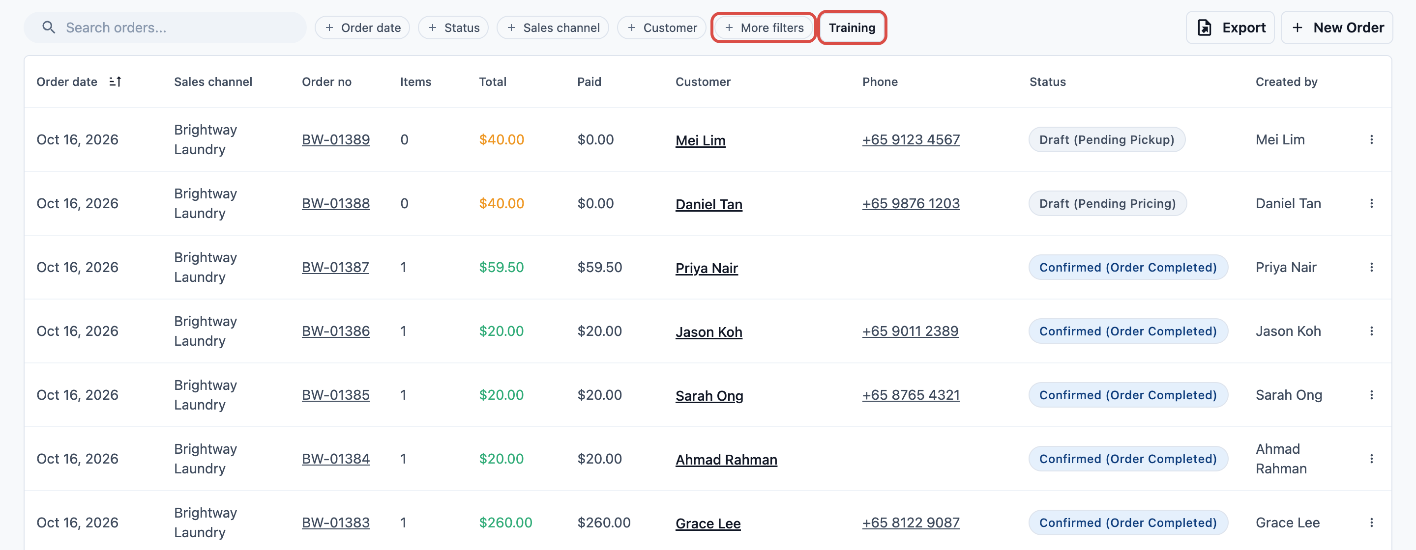 The Orders list filtered by Order source: Online store/app
