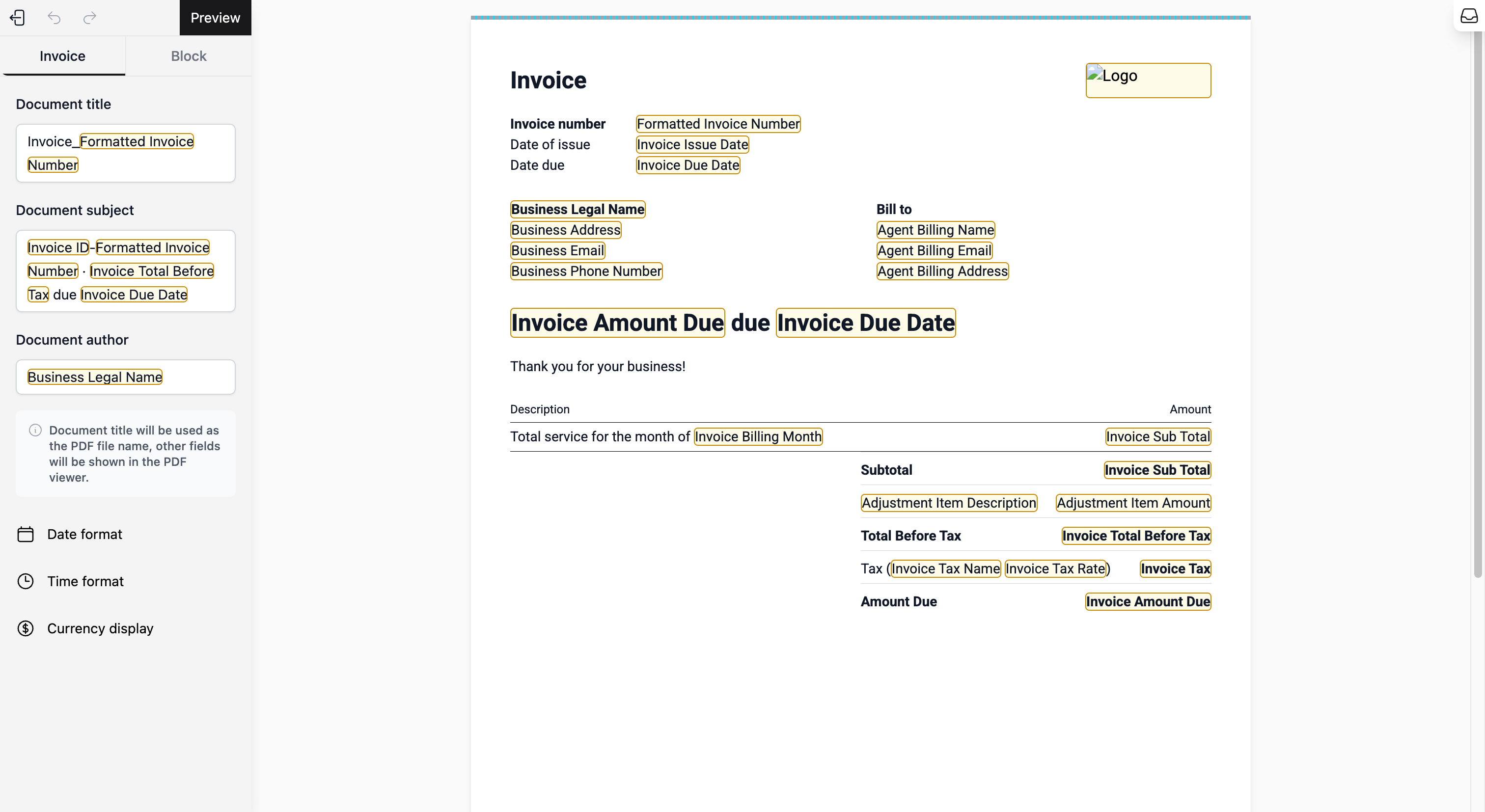 Template view (Right): This is your visual canvas. The fields are all editable, allowing you to click into text boxes or drag and drop elements to rearrange the layout to fit your specific requirements.