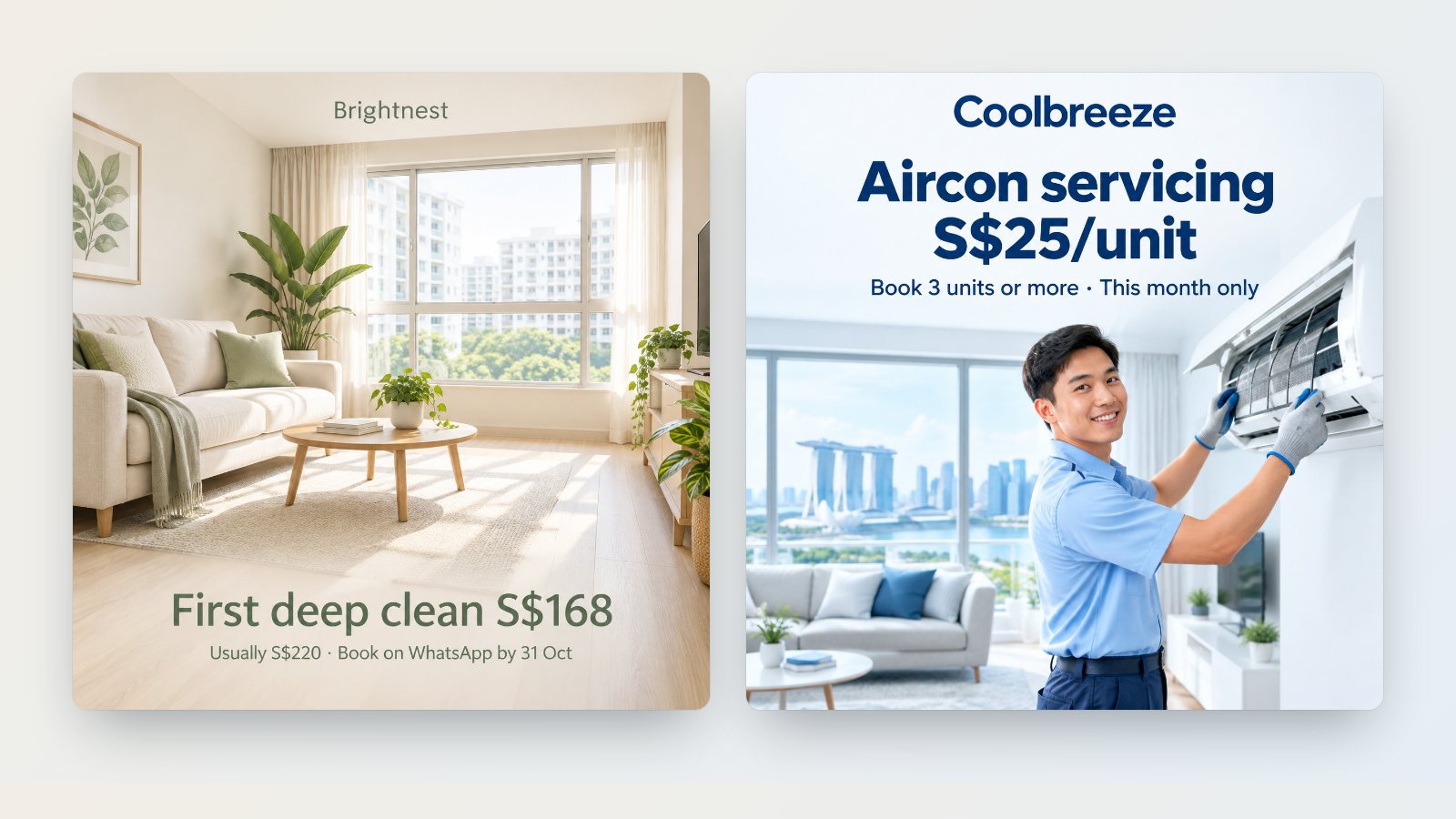 Two promotion posters made by Marketing Studio: a home cleaning offer and an aircon servicing offer