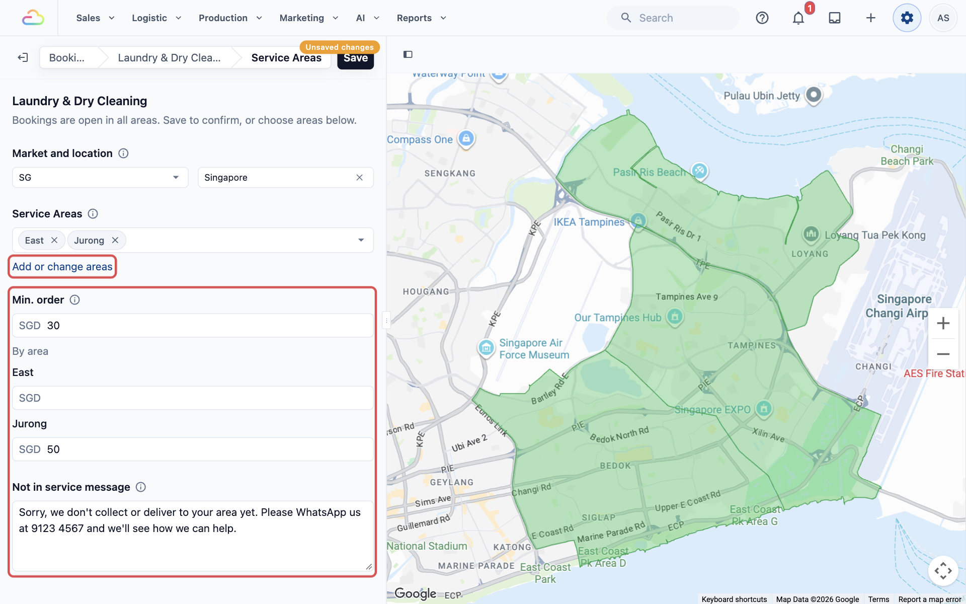 East and Jurong chosen, the Add or change areas link, Min. order SGD 30, Jurong's own minimum of SGD 50 under By area, and the Not in service message filled in