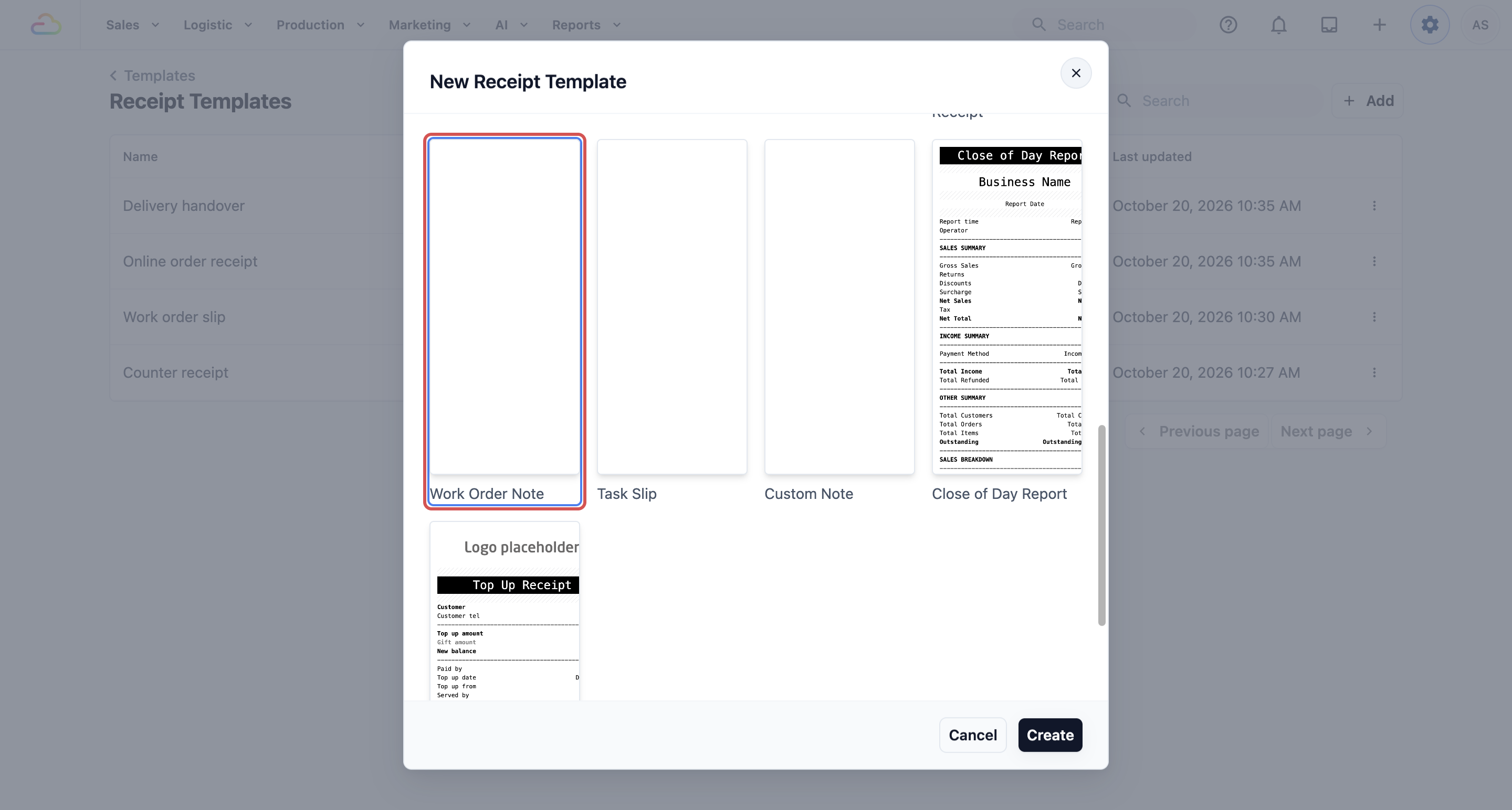 The New Receipt Template window with the Work Order Note card selected