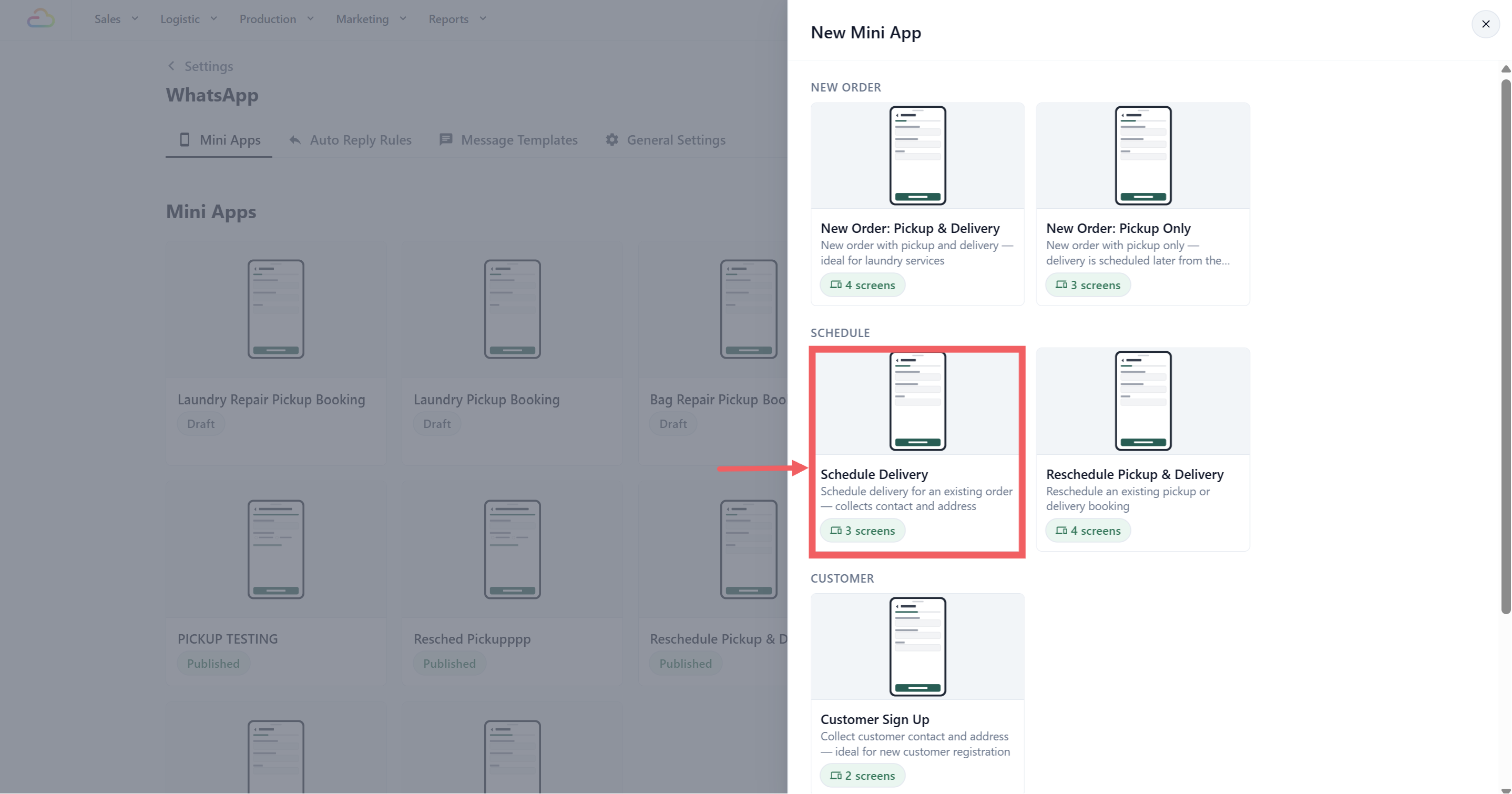 The New Mini App drawer with the Schedule group visible and the Schedule Delivery card highlighted