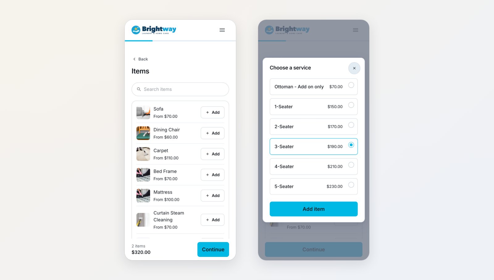 The items step with photos and prices, next to the option picker for a sofa by number of seats