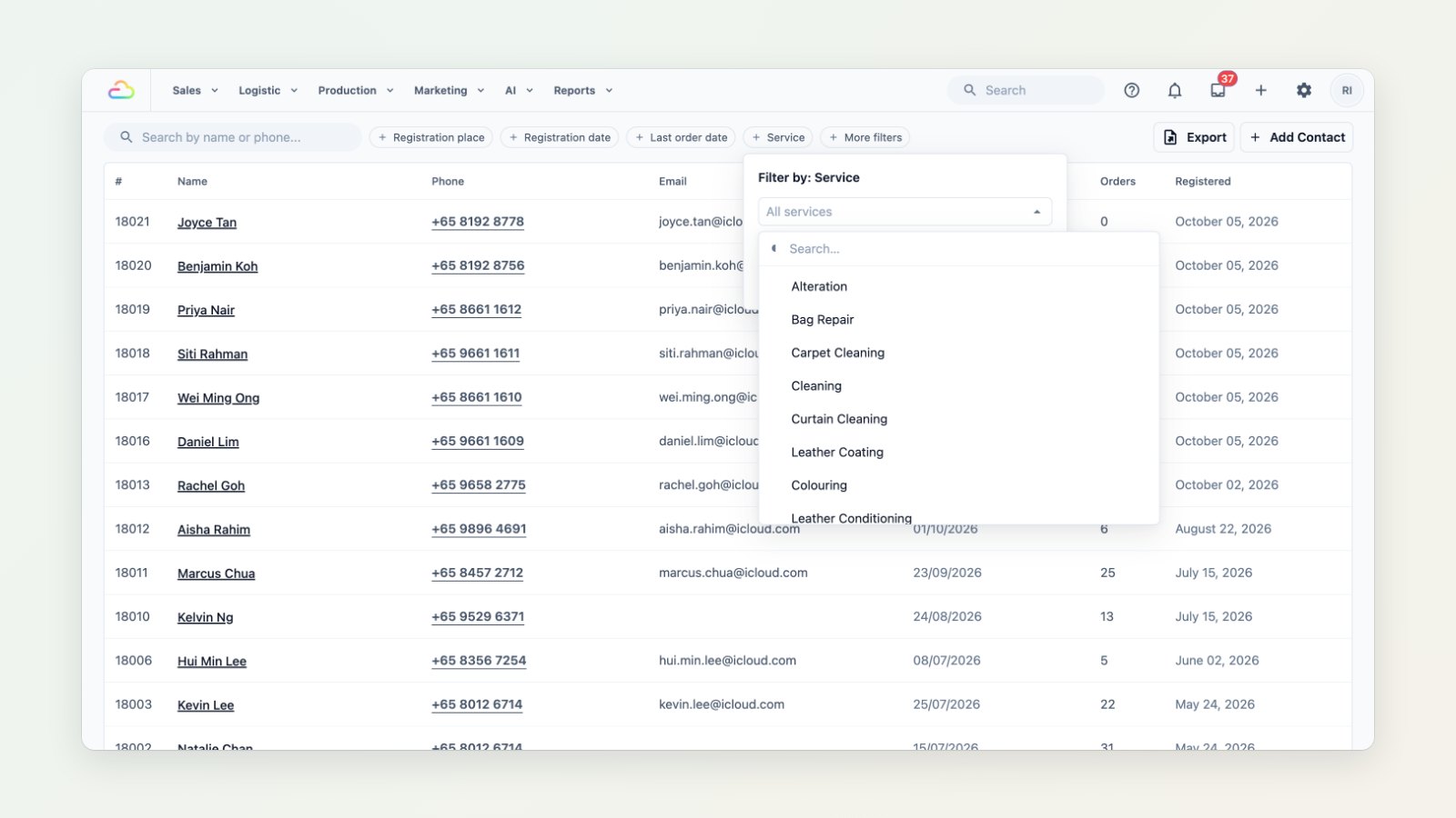 The Contacts list with the Service filter open, listing services customers have ordered
