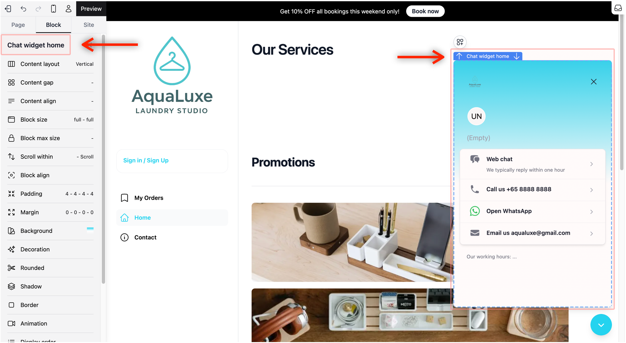 Click on an empty space inside the pop-up to open the Chat widget home Editor in the visual builder.