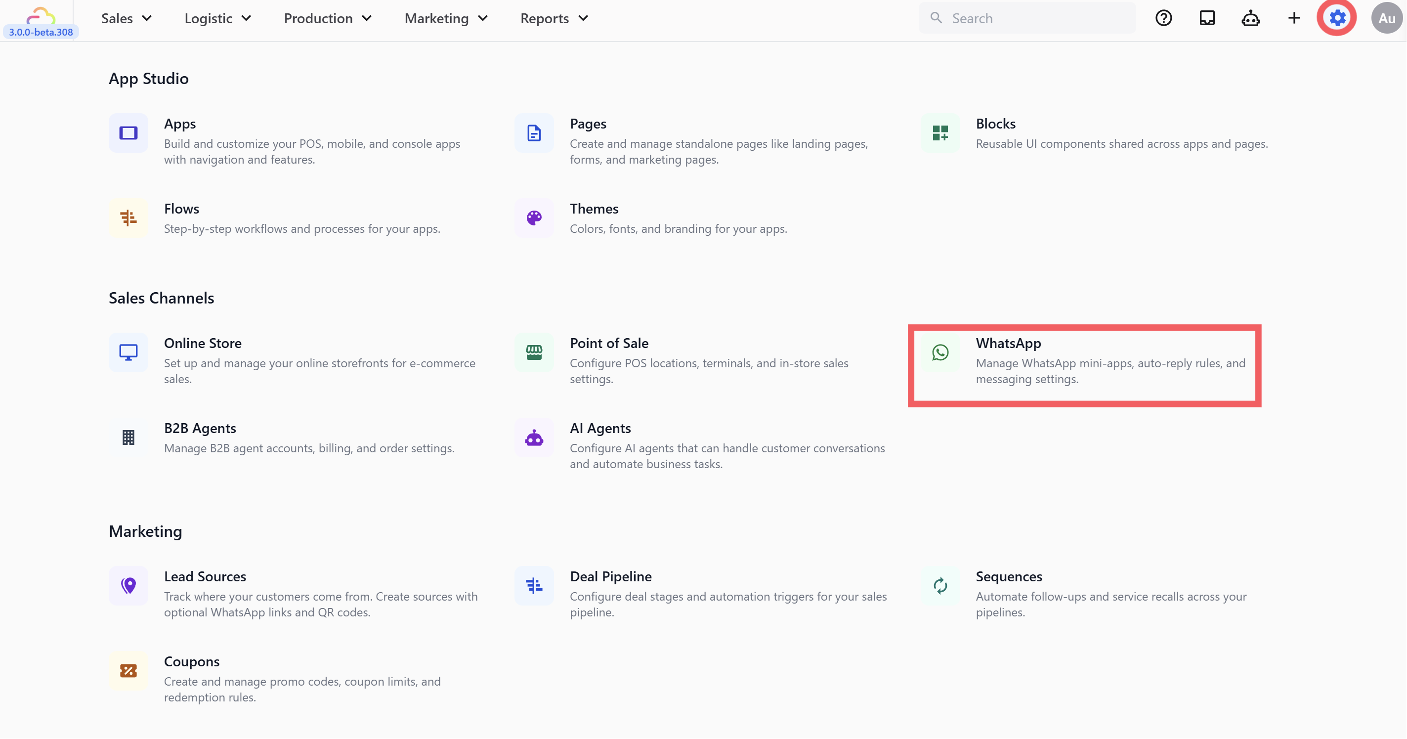 Scroll down to the Sales Channels section and click WhatsApp, then click the Message Templates tab