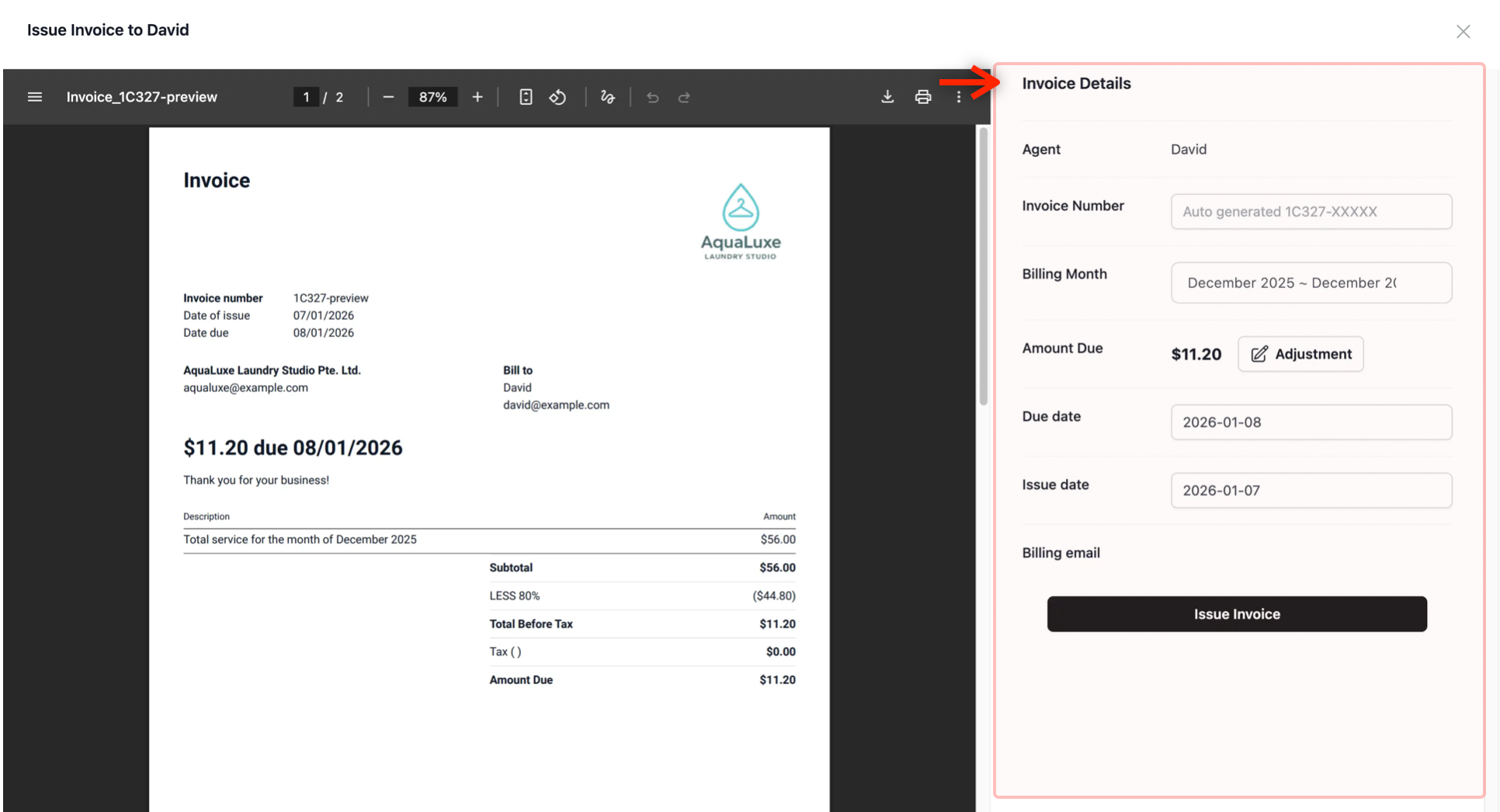 Billing Email: Displays the registered billing email of the agent.