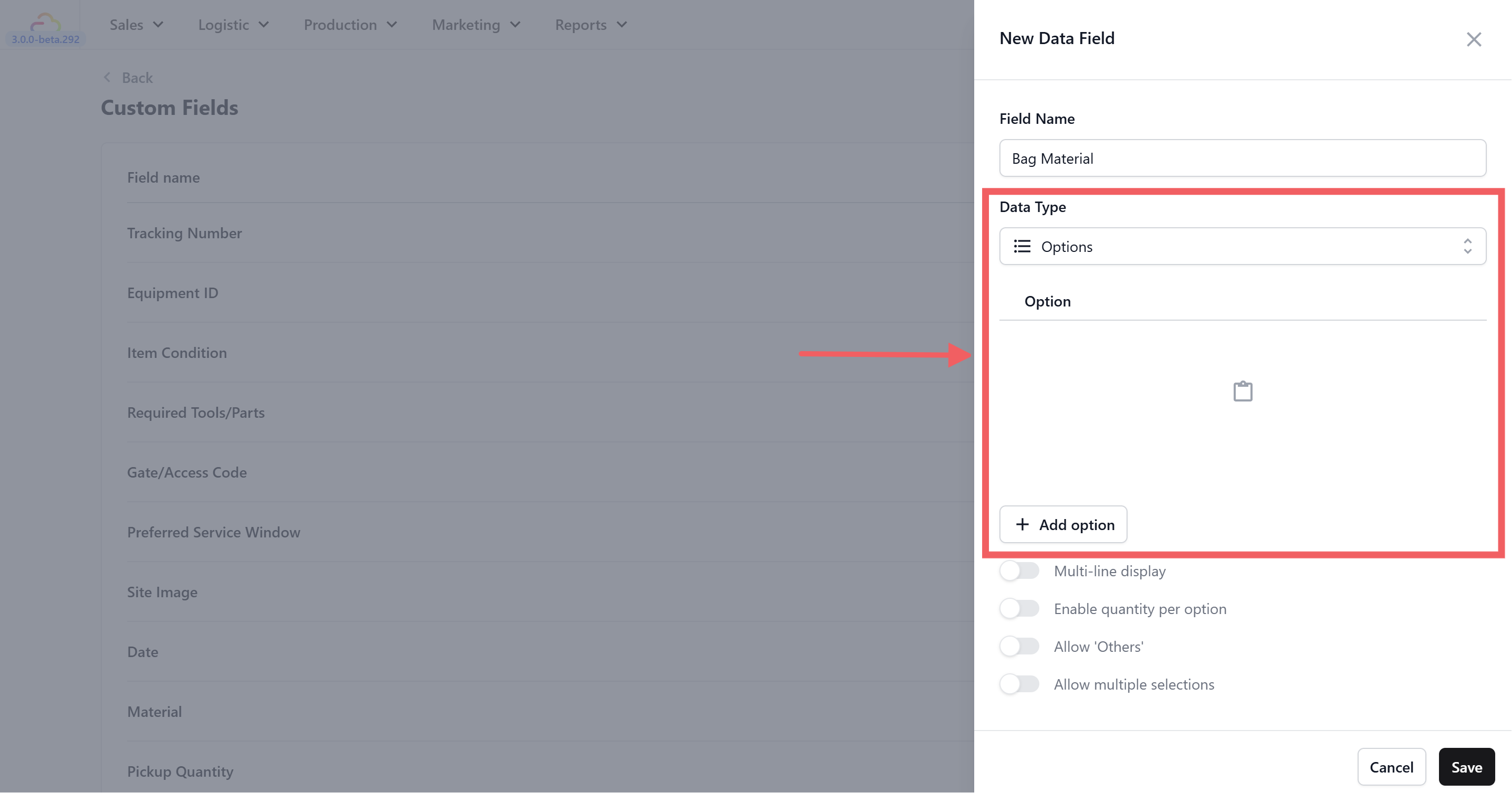 If you selected Options as your data type, you'll see additional settings below the type selector. This is where you define the choices your team can pick from.