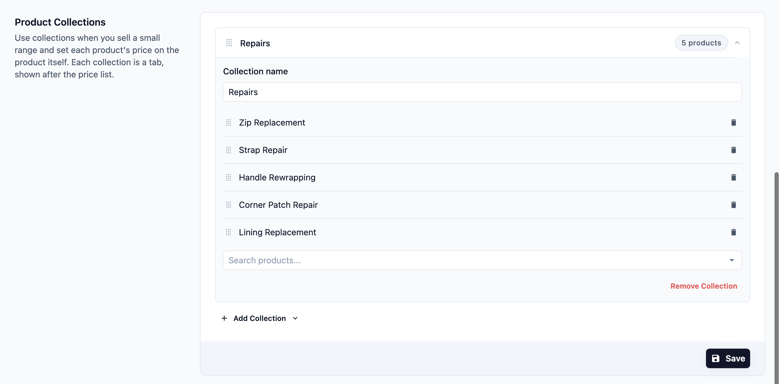 An open custom collection card named Repairs, with 5 products listed and the Remove Collection button