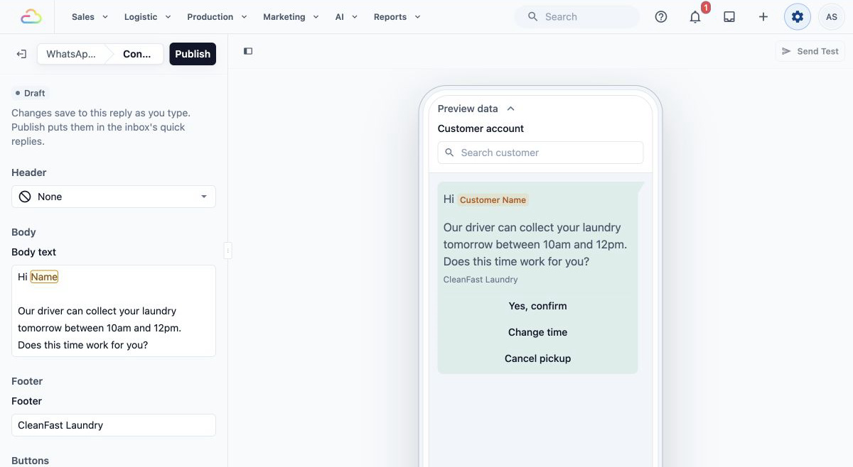Reply Buttons message preview with three response choices