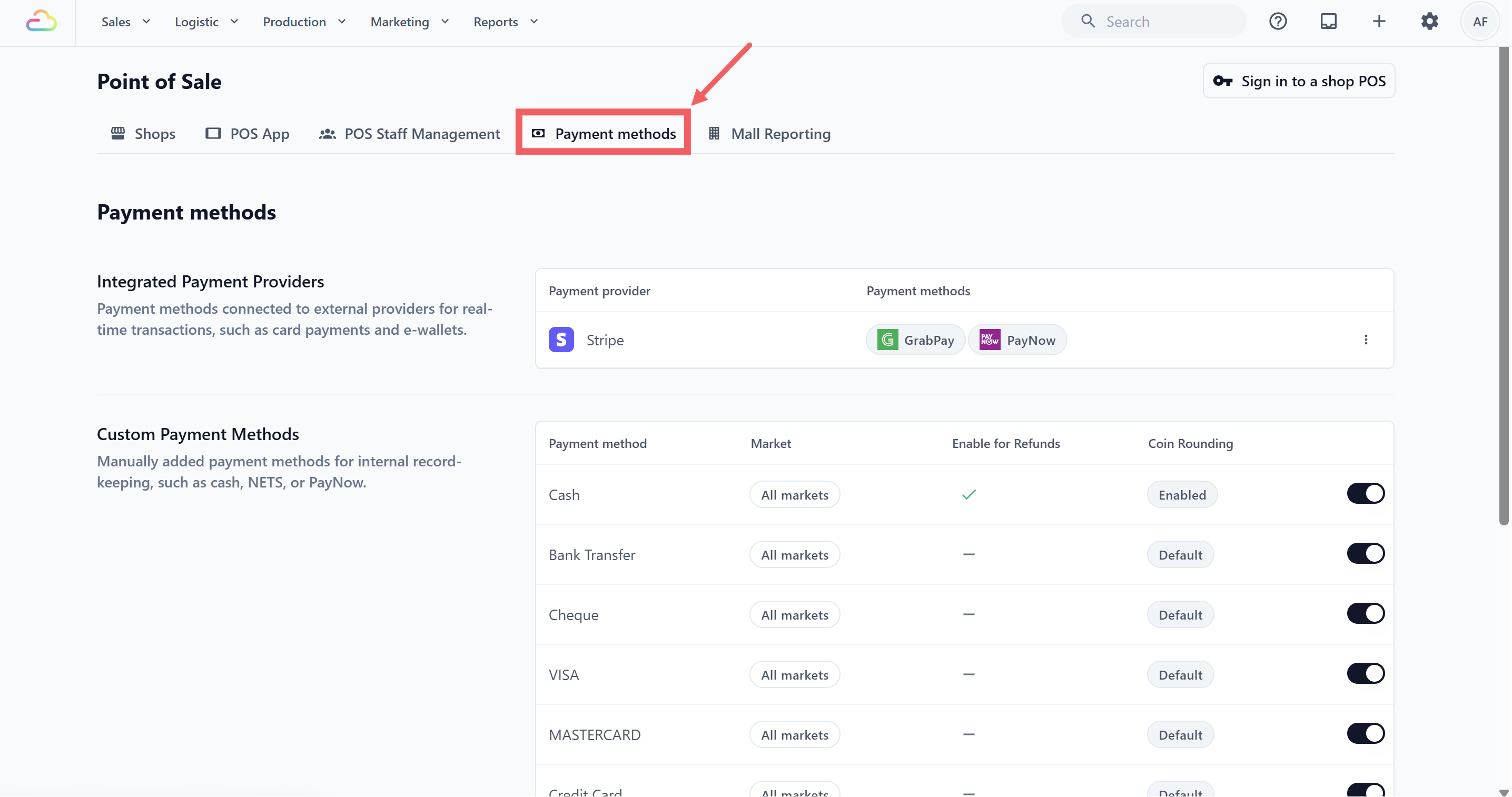 Click the Payment methods tab at the top.