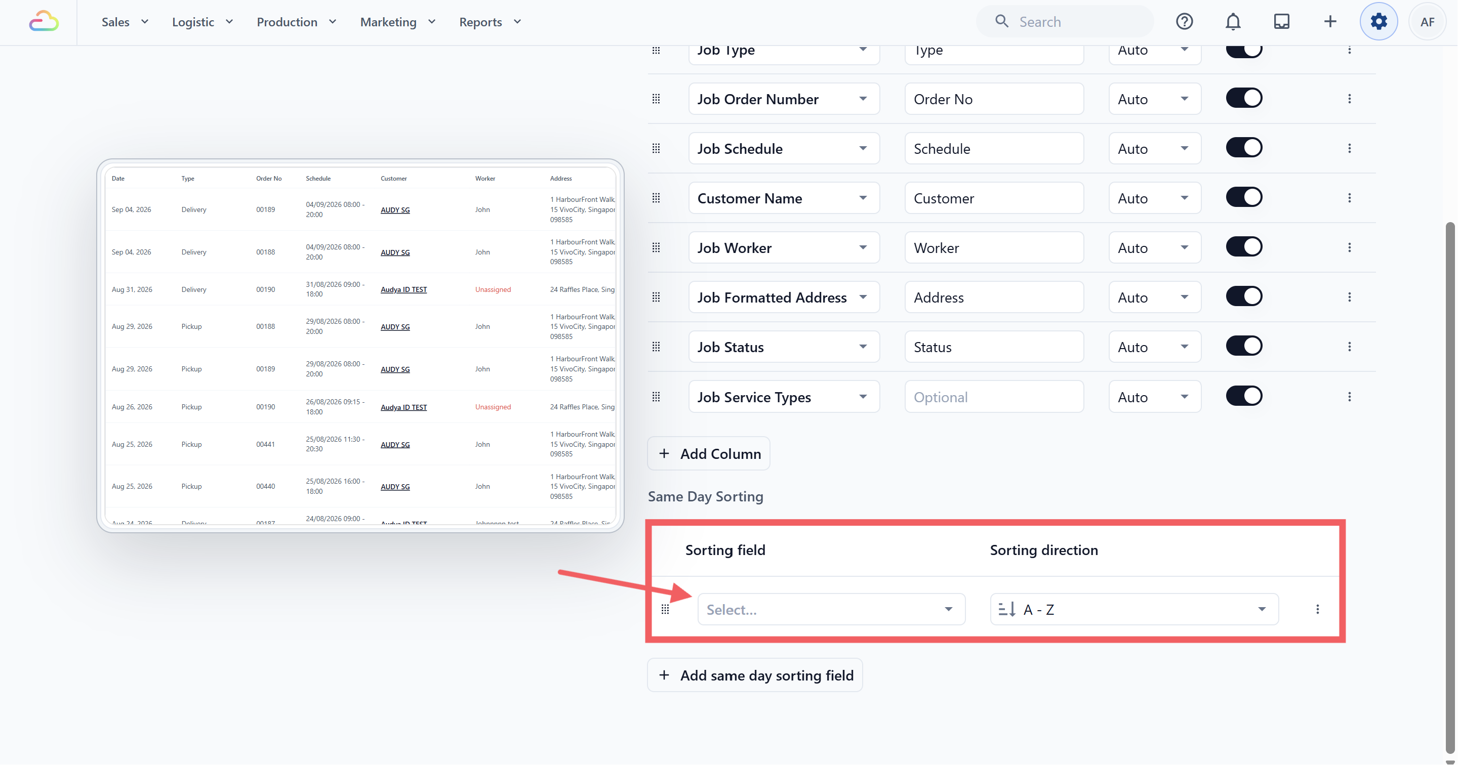 Screenshot placeholder: Current Same Day Sorting settings with sorting field and direction controls.