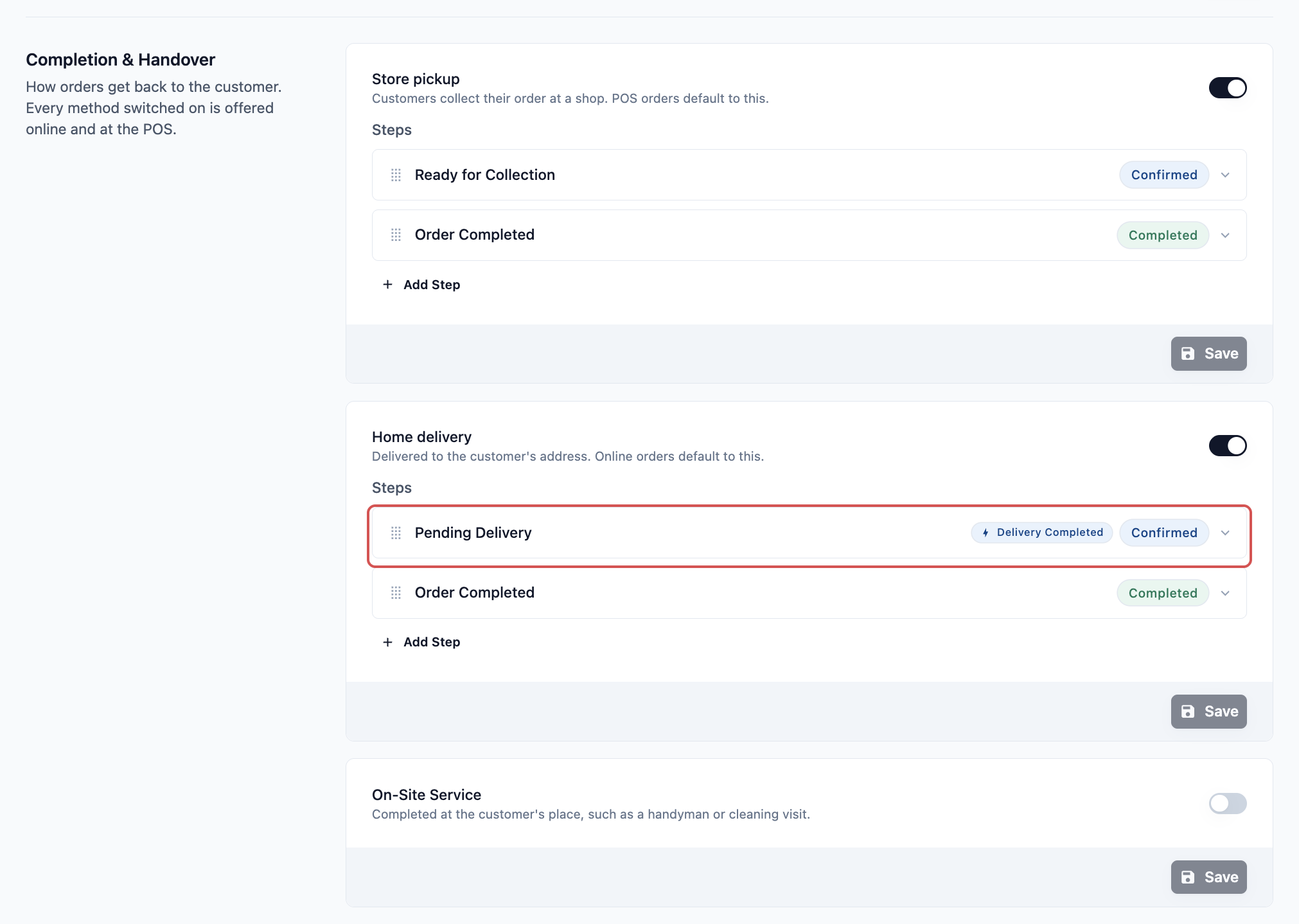The Completion &amp; Handover section of the Pipeline tab, with Store pickup and Home delivery switched on and the Pending Delivery step showing its Delivery Completed Auto Trigger