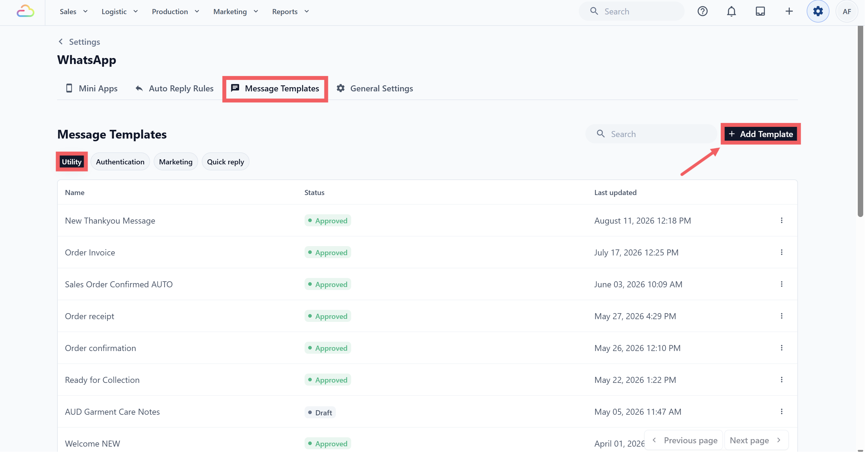 Click the Utility tab then click + Add Template, a dialog titled "New WhatsApp Template" will appear.