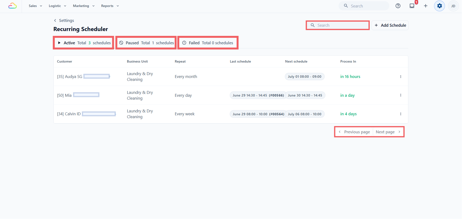 The page has three tabs, each with a count Active, Paused, and Failed. The Active tab has a search bar at the top right, and the list pages with Previous and Next controls. The table shows:
