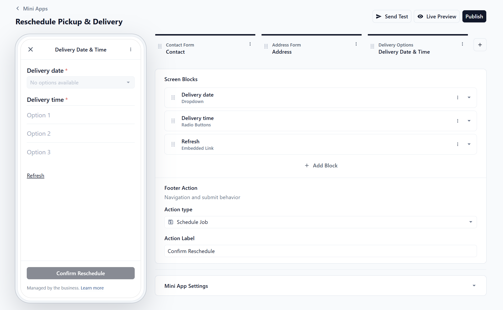 The screen strip showing only Contact, Address, Delivery Date & Time after the pickup screen is deleted